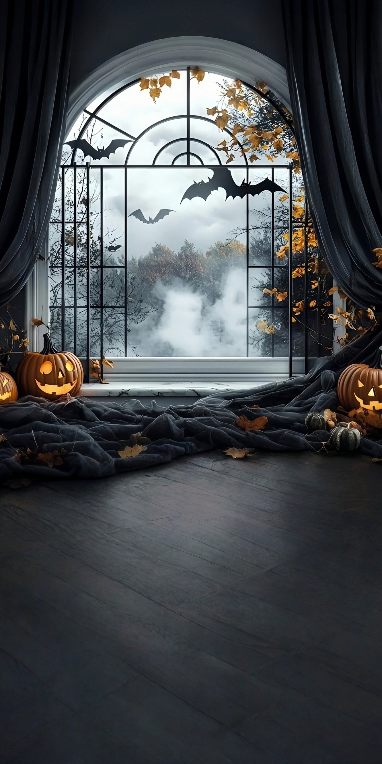Toile de fond Sweep Halloween Idées Rideaux Noirs Fenêtre Cintrée MRR8-46