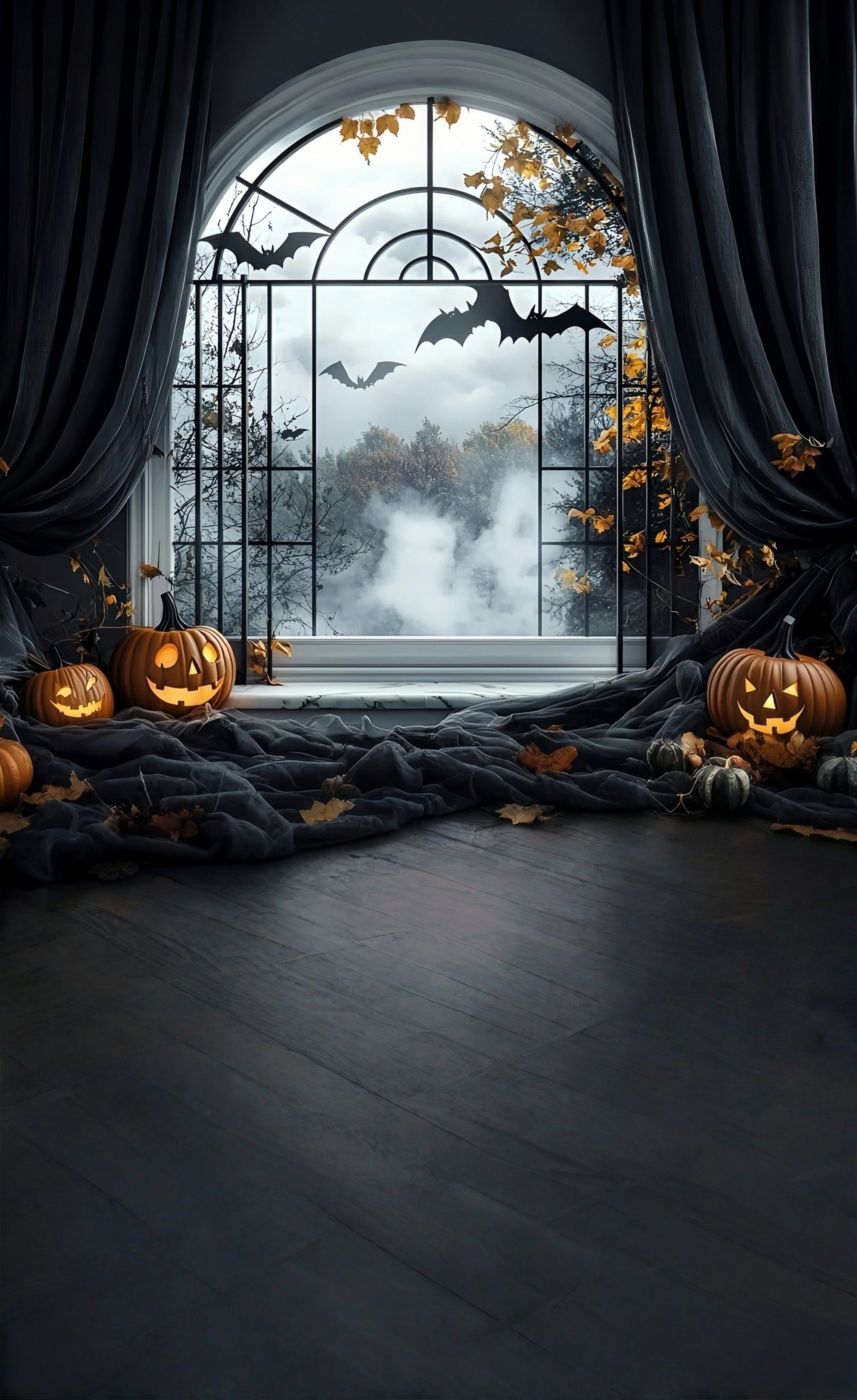 Toile de fond Sweep Halloween Idées Rideaux Noirs Fenêtre Cintrée MRR8-46