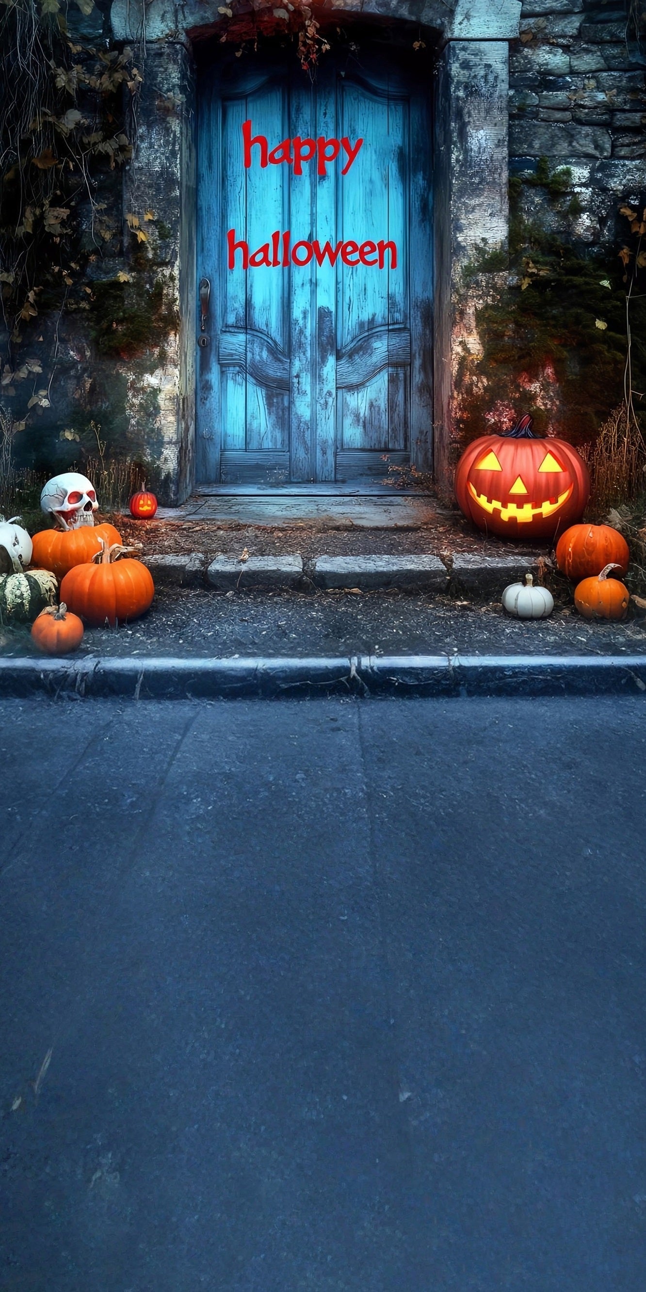 Toile de fond Sweep Halloween Photo "Happy Halloween" Sanglant Porte Vintage Bleue MRR8-50