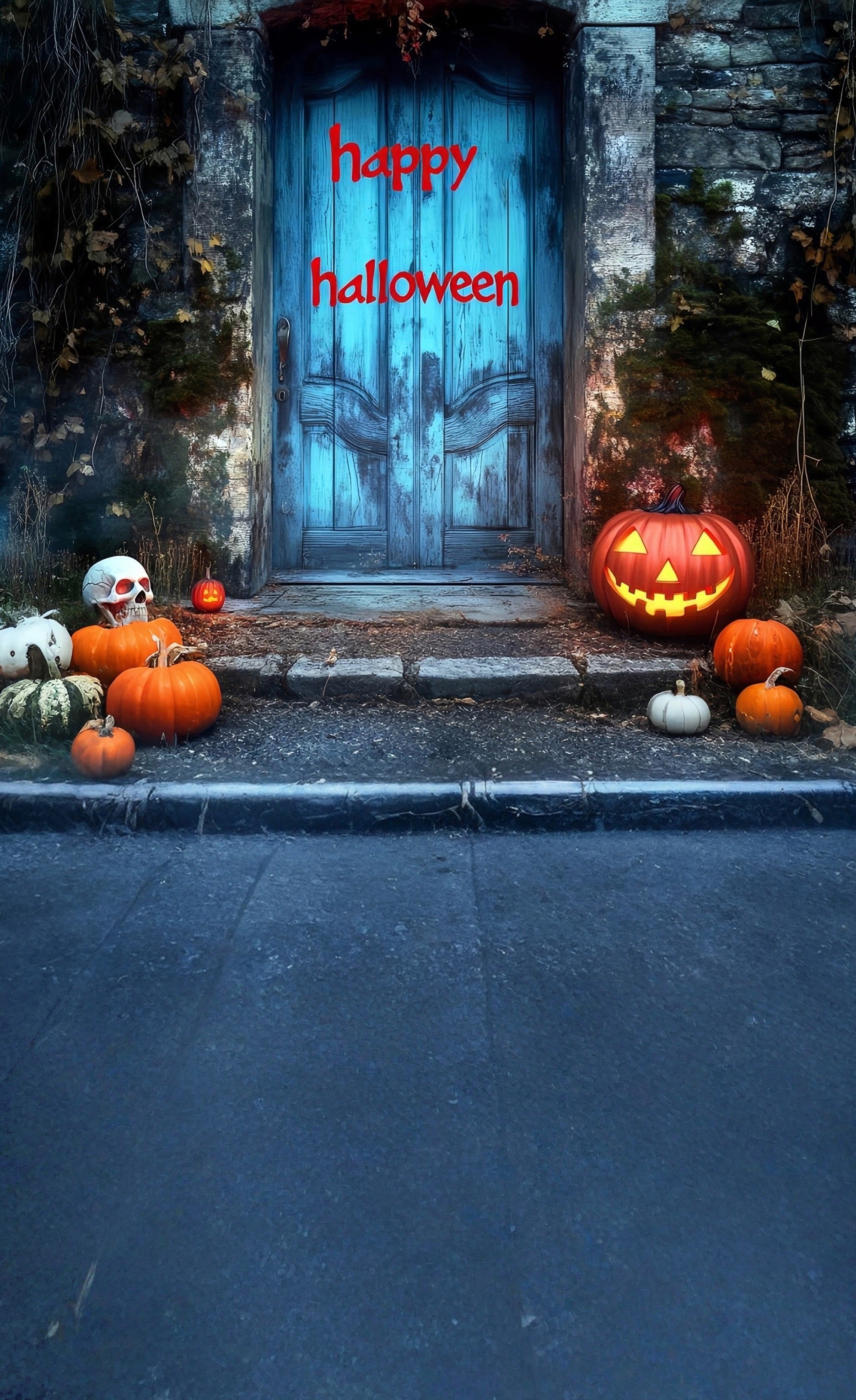 Toile de fond Sweep Halloween Photo "Happy Halloween" Sanglant Porte Vintage Bleue MRR8-50