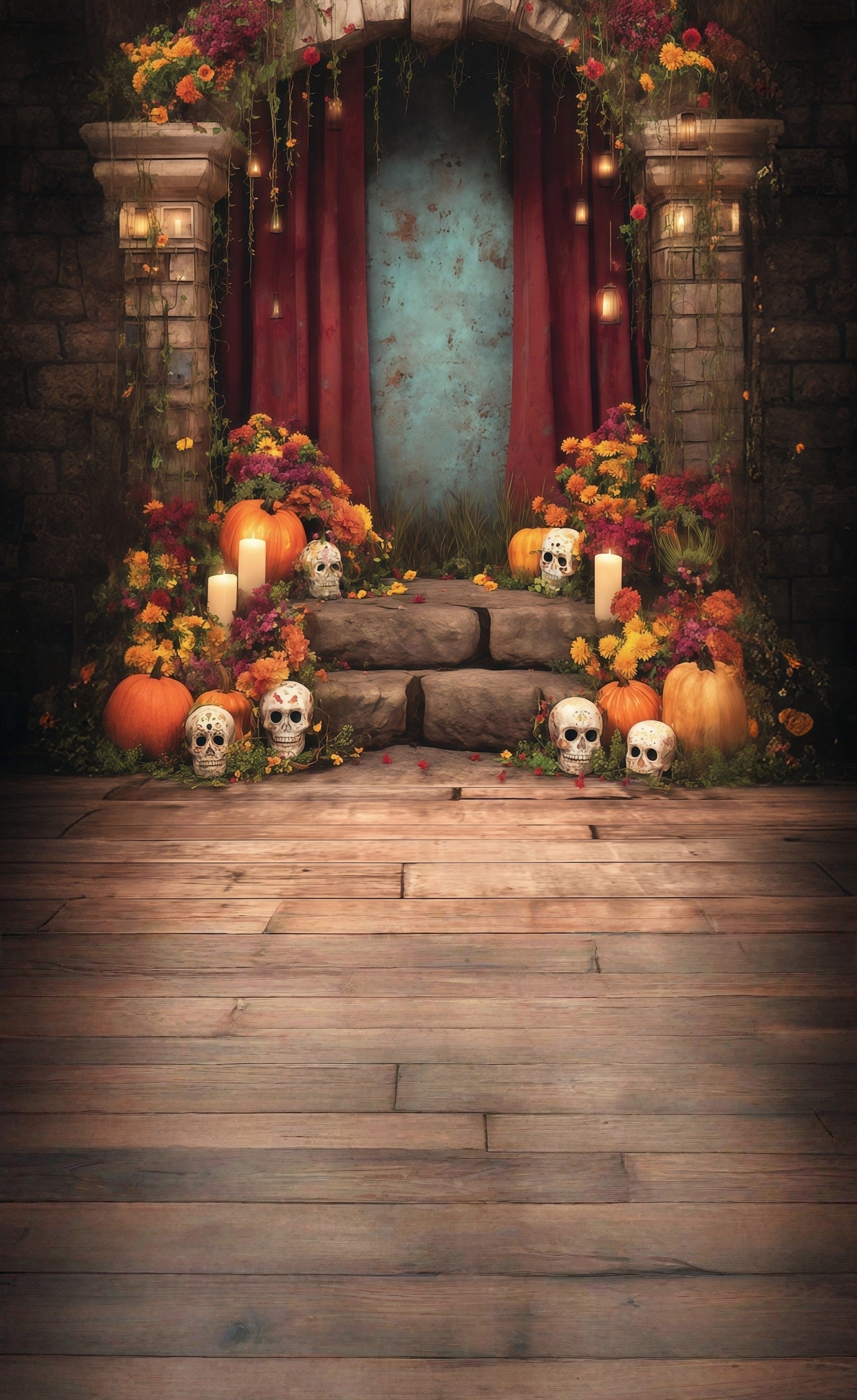 Toile de fond Sweep Halloween Fantomatique Fleurs Tranquilles Bougies Escaliers MRR8-52