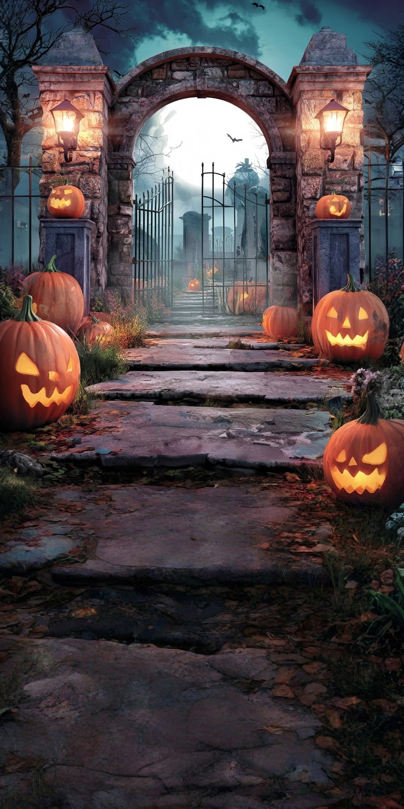Toile de fond Sweep Halloween Lampes Citrouille Portail Cimetière en Brique MRR8-53