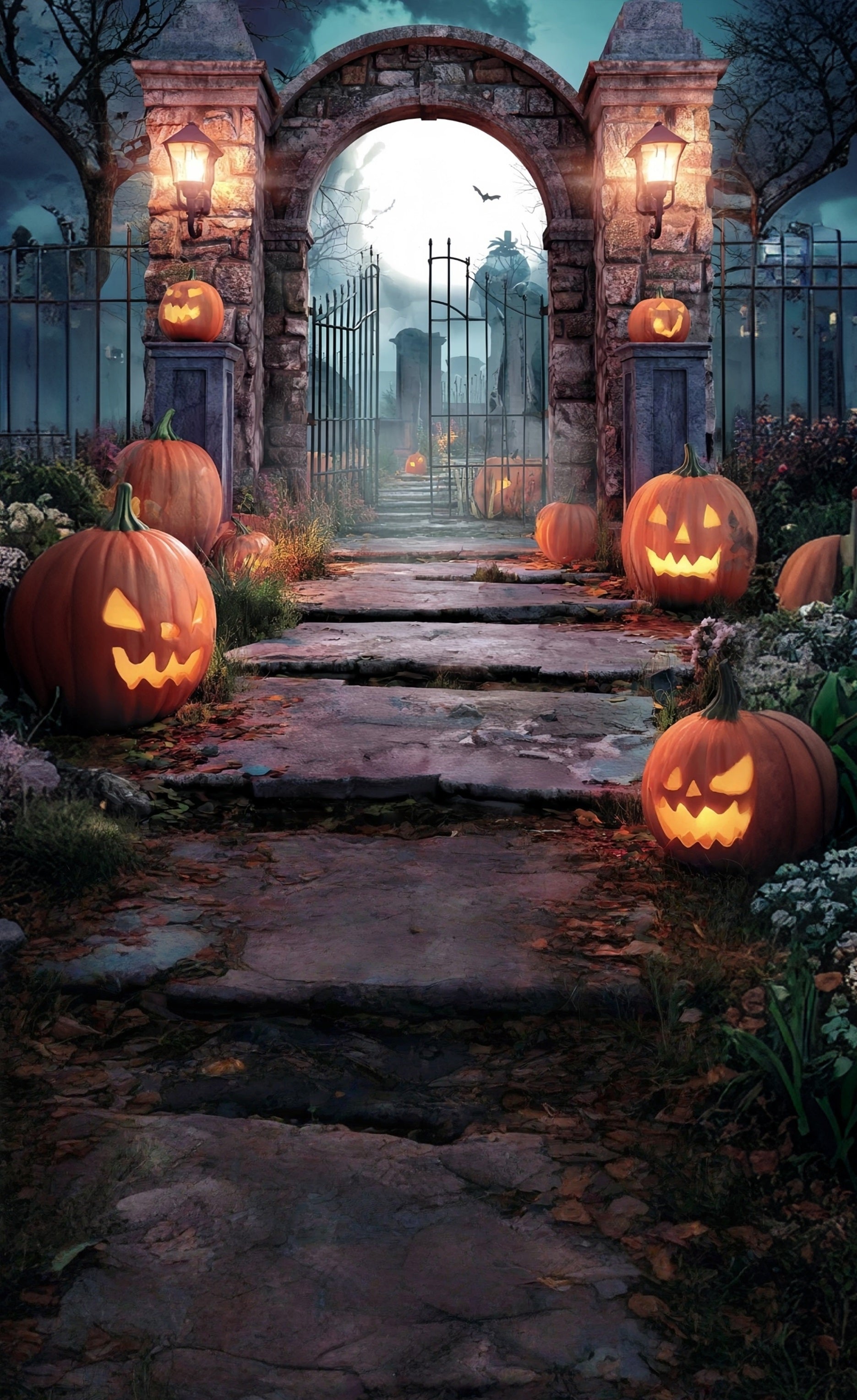 Toile de fond Sweep Halloween Lampes Citrouille Portail Cimetière en Brique MRR8-53