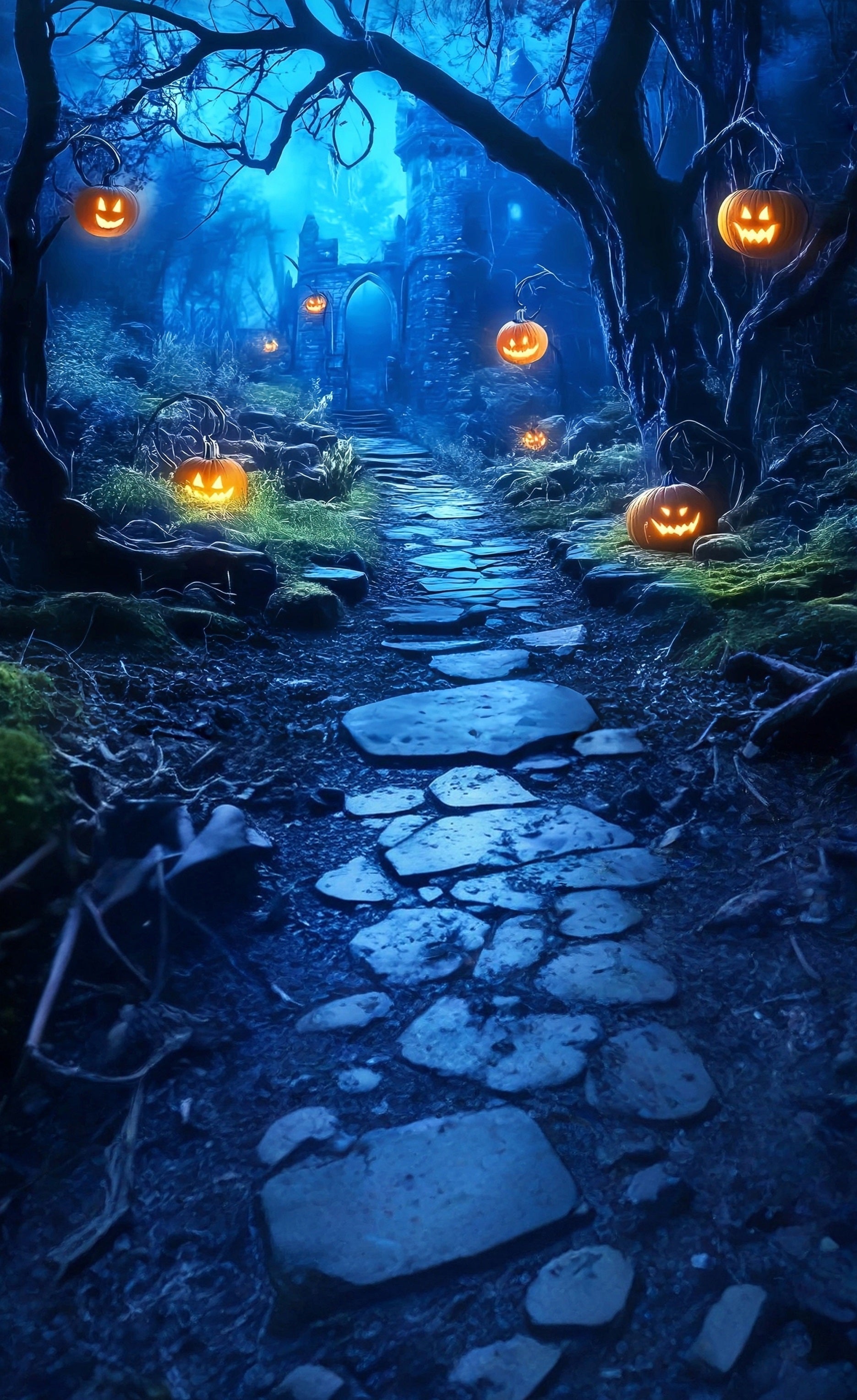 Toile de fond Sweep Halloween Effrayant Lumières Citrouilles Sentier Forêt Sombre MRR8-58