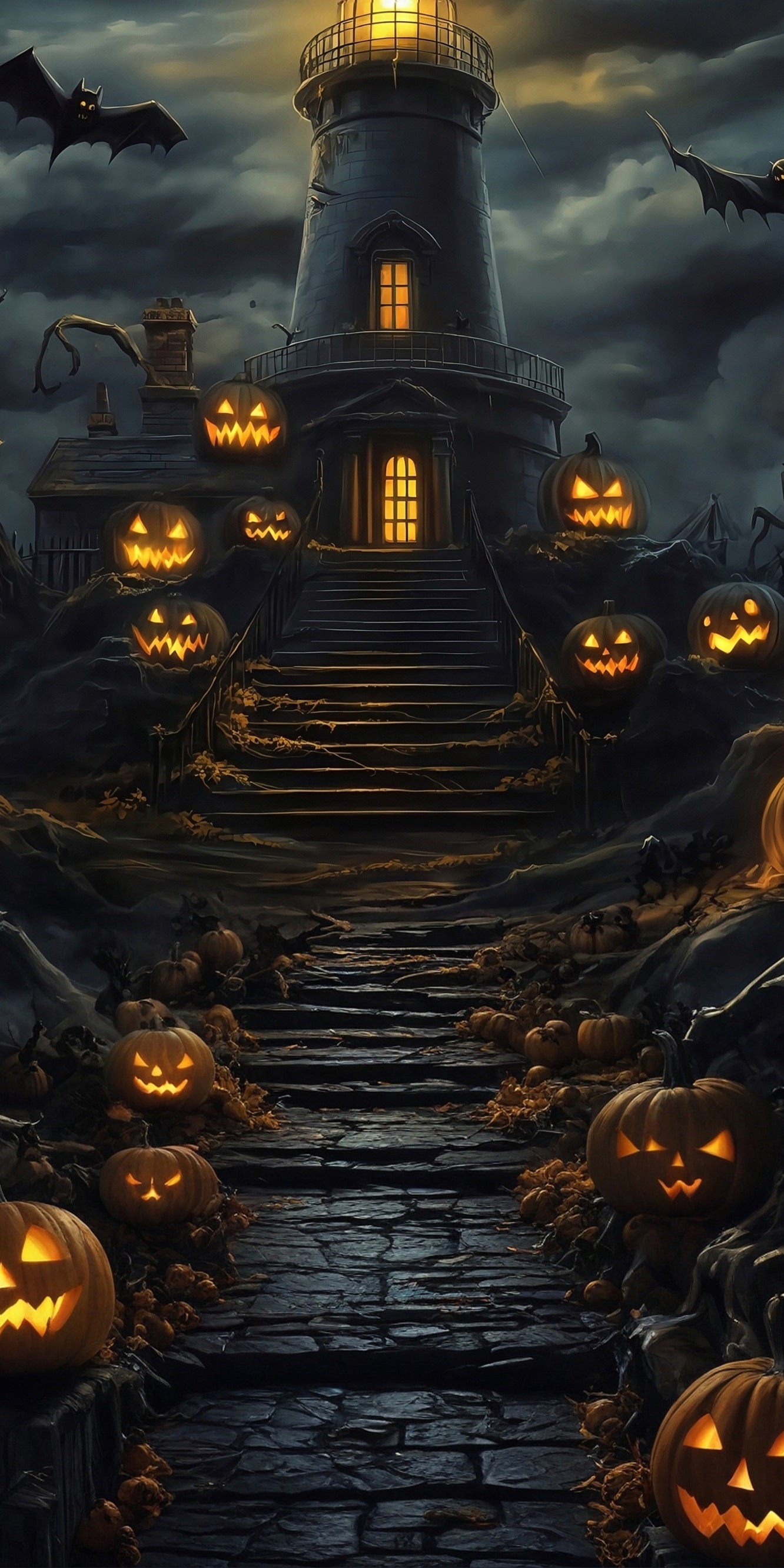 Toile de fond Sweep Halloween Escaliers Lampe Citrouille Nuages Noirs Tour Nocturne MRR8-64