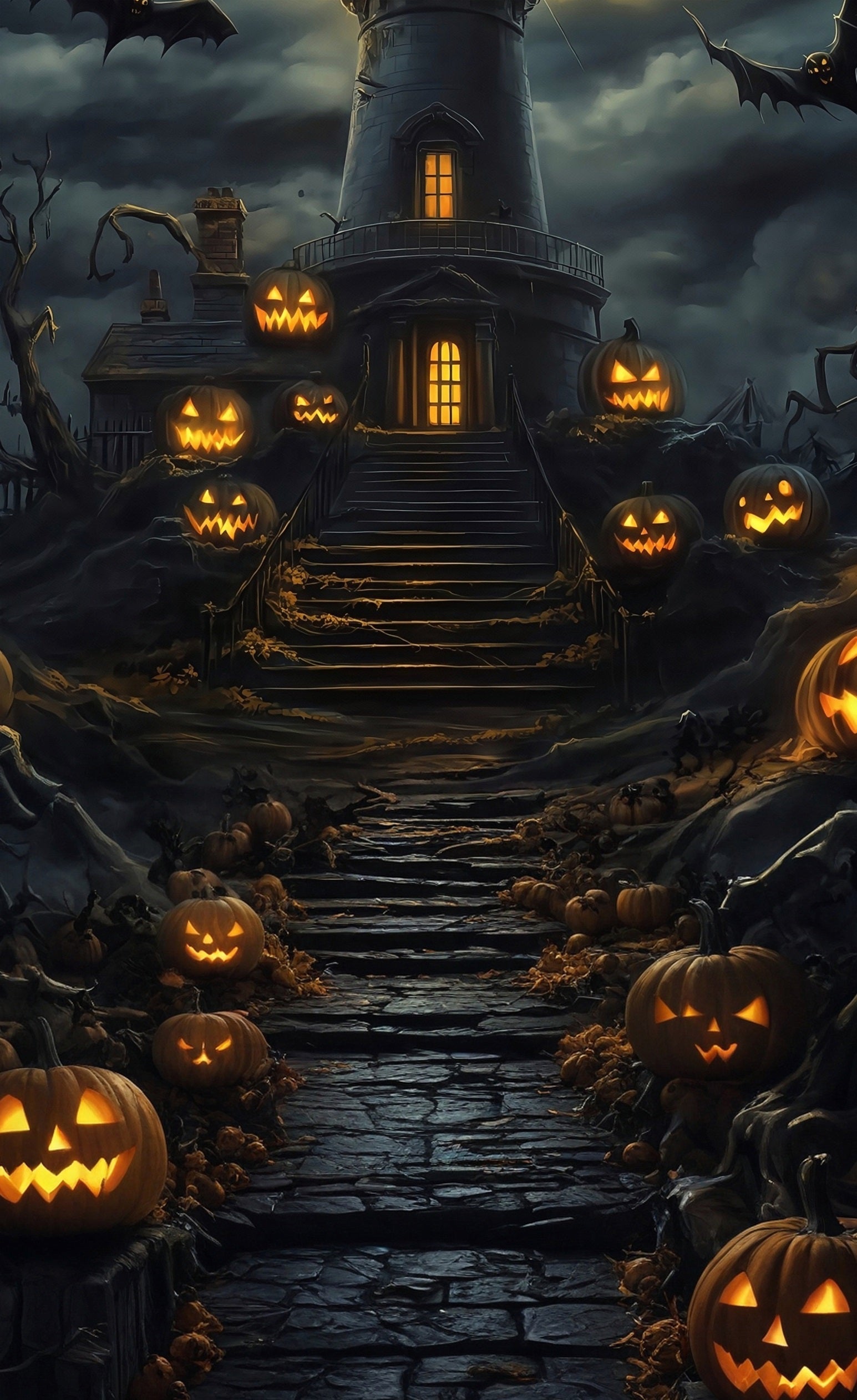 Toile de fond Sweep Halloween Escaliers Lampe Citrouille Nuages Noirs Tour Nocturne MRR8-64