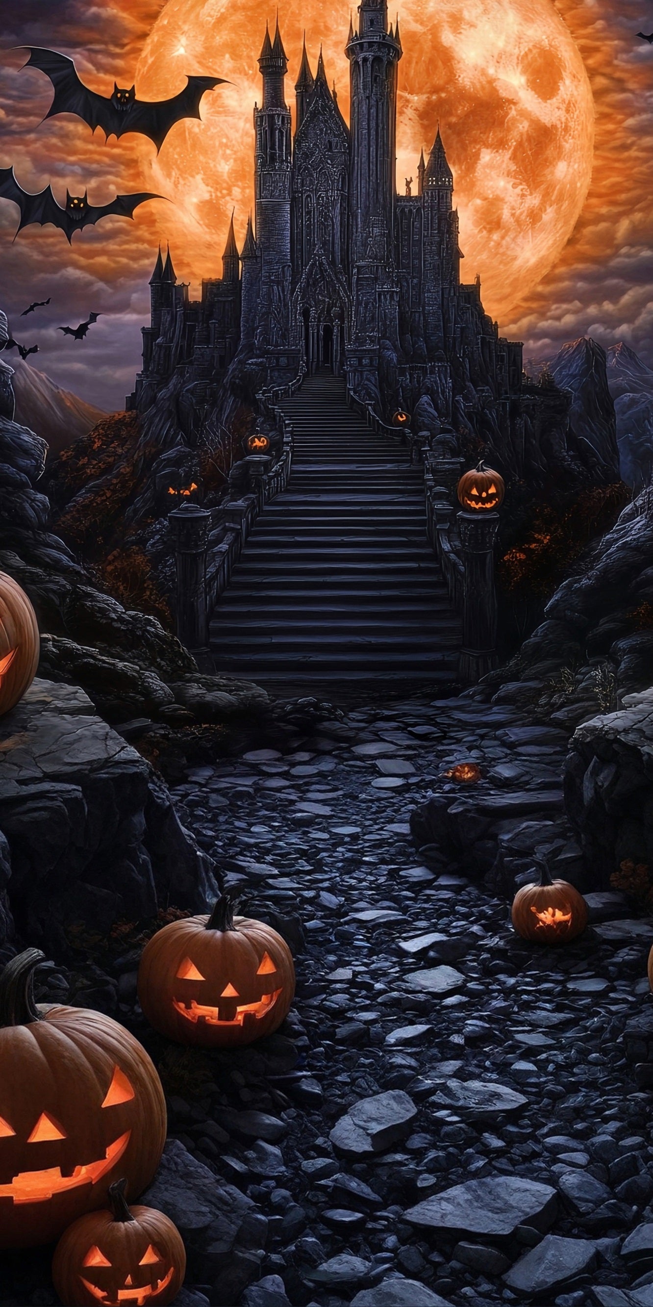 Toile de fond Sweep Halloween Photo Lune Sanglante Géante Château Noir Magique MRR8-65