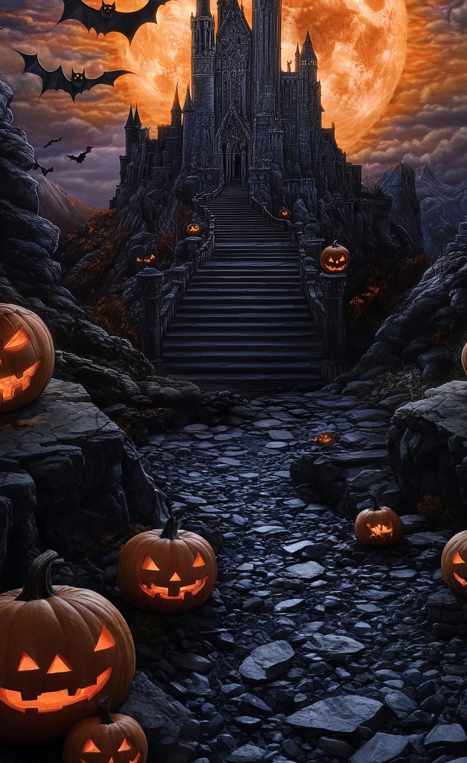 Toile de fond Sweep Halloween Photo Lune Sanglante Géante Château Noir Magique MRR8-65