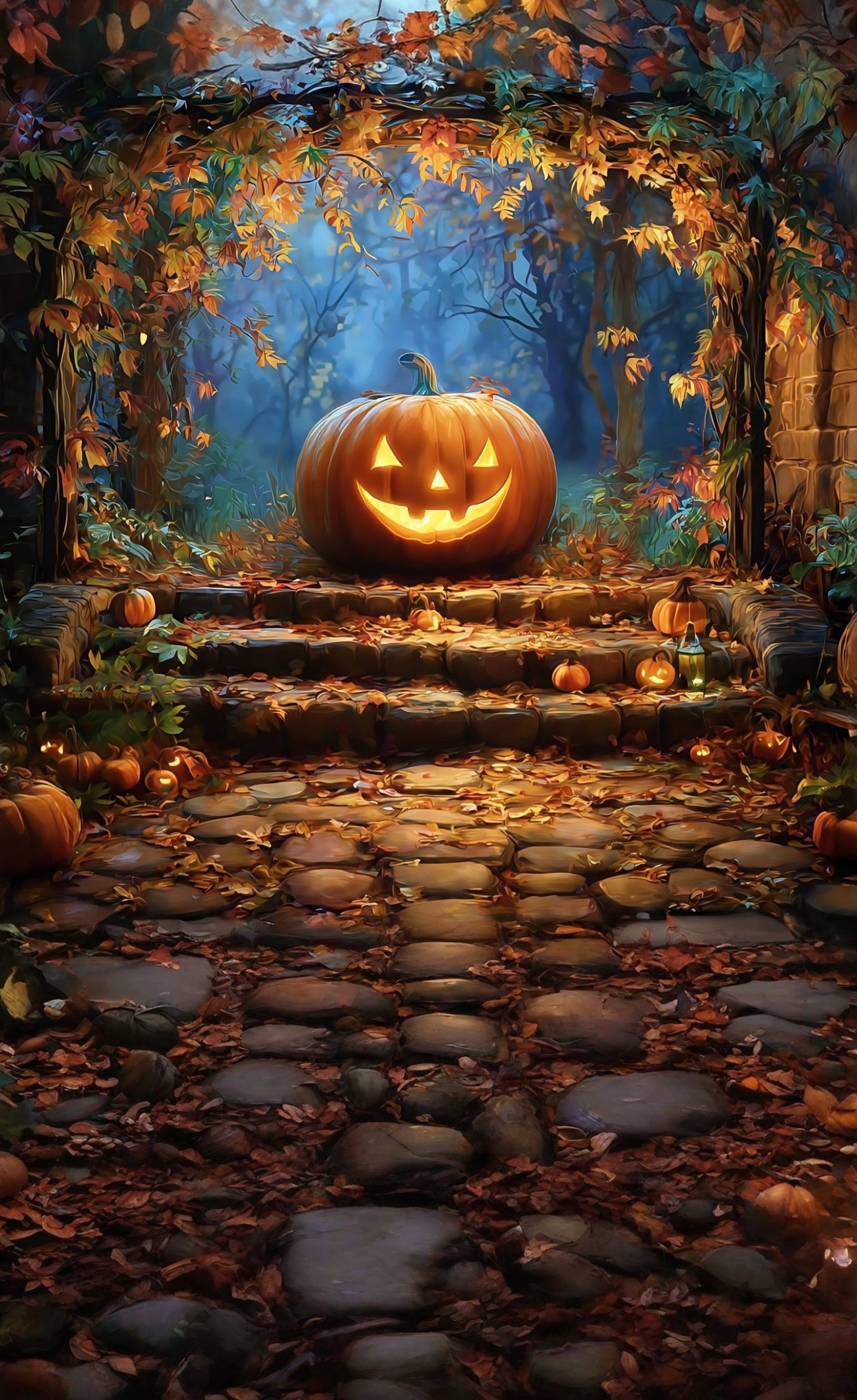 Toile de fond Sweep Halloween Mur Citrouille Souriante Maléfique Feuilles d’Automne MRR8-68