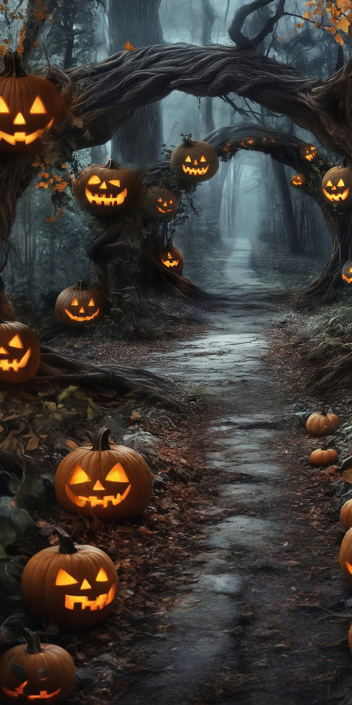 Toile de fond Sweep Halloween Photo Lumières Citrouille Arches de Vignes Sentier en Forêt MRR8-69