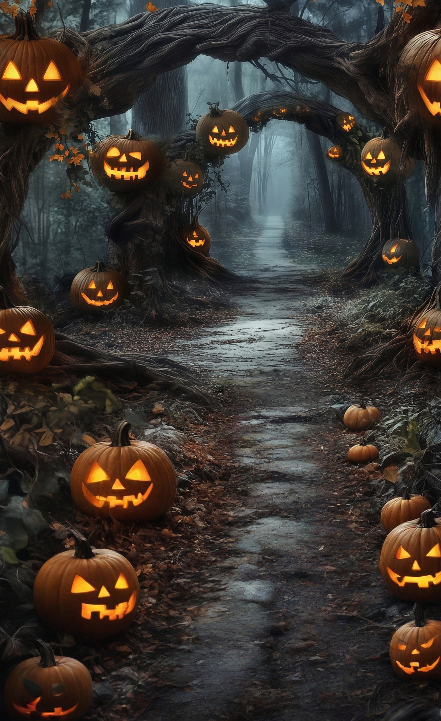 Toile de fond Sweep Halloween Photo Lumières Citrouille Arches de Vignes Sentier en Forêt MRR8-69