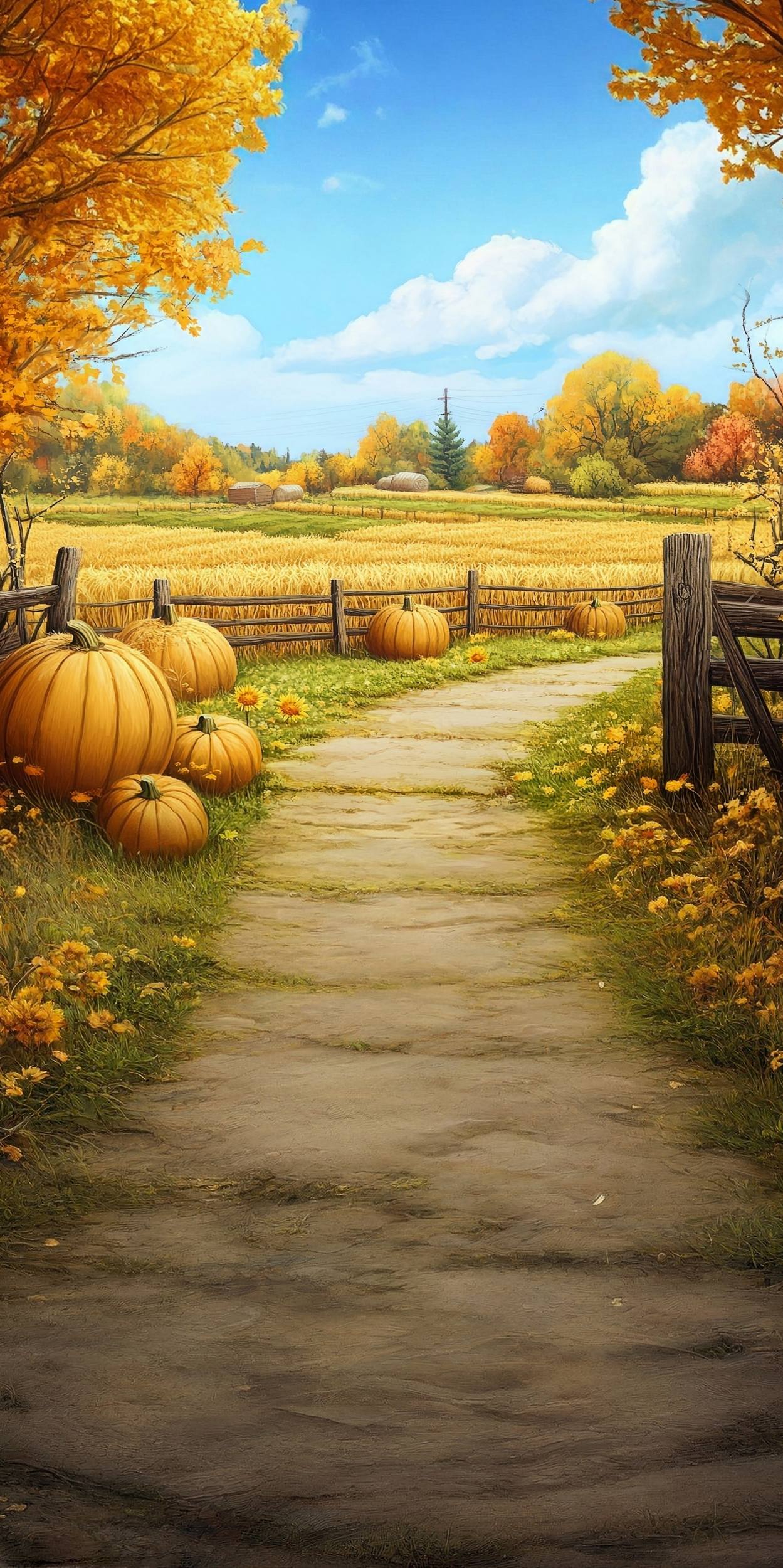 Toile de fond Sweep Automne Chemin Citrouilles Dorées Ferme MRR8-71