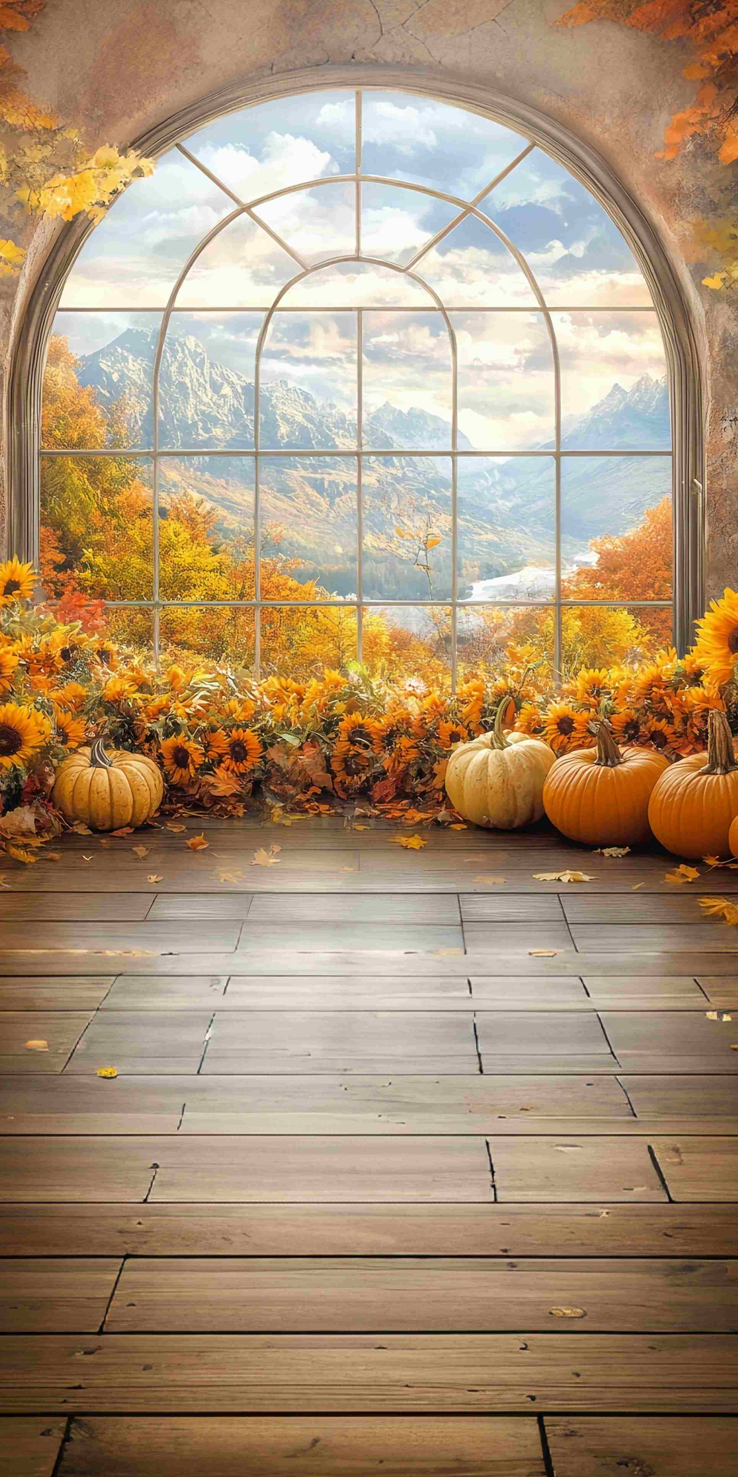 Toile de fond Sweep Automne Photo Fenêtre Tournesols Vue Montagne MRR8-72