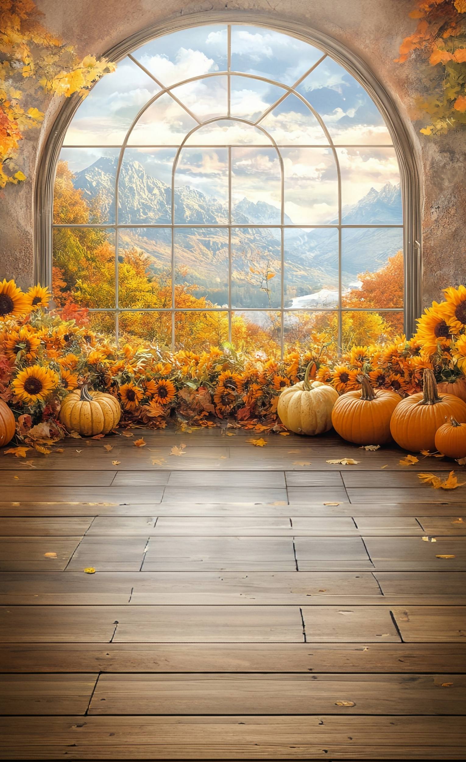 Toile de fond Sweep Automne Photo Fenêtre Tournesols Vue Montagne MRR8-72