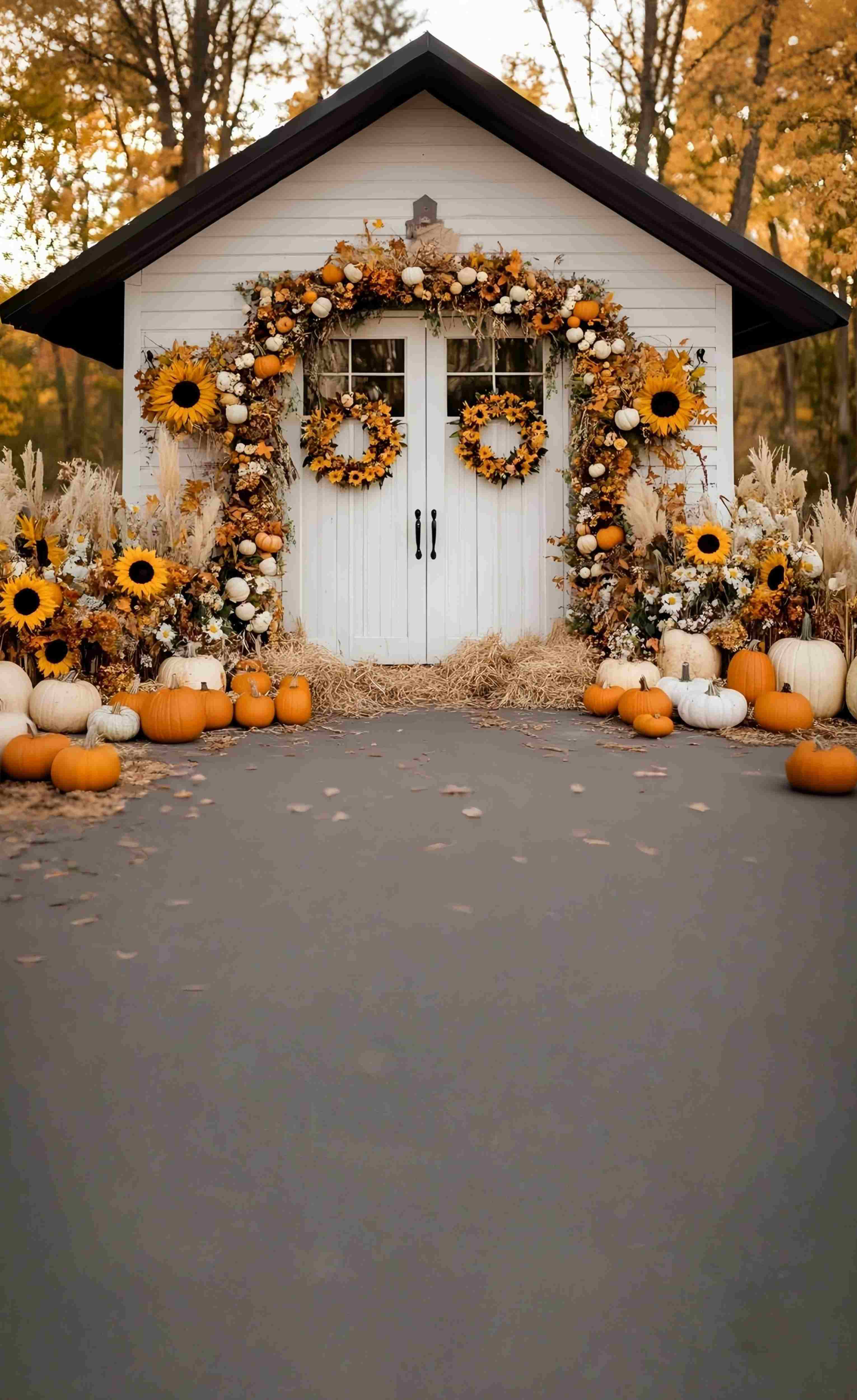 Toile de fond Sweep Automne Photo Porche Cottage Tournesols Citrouilles MRR8-79