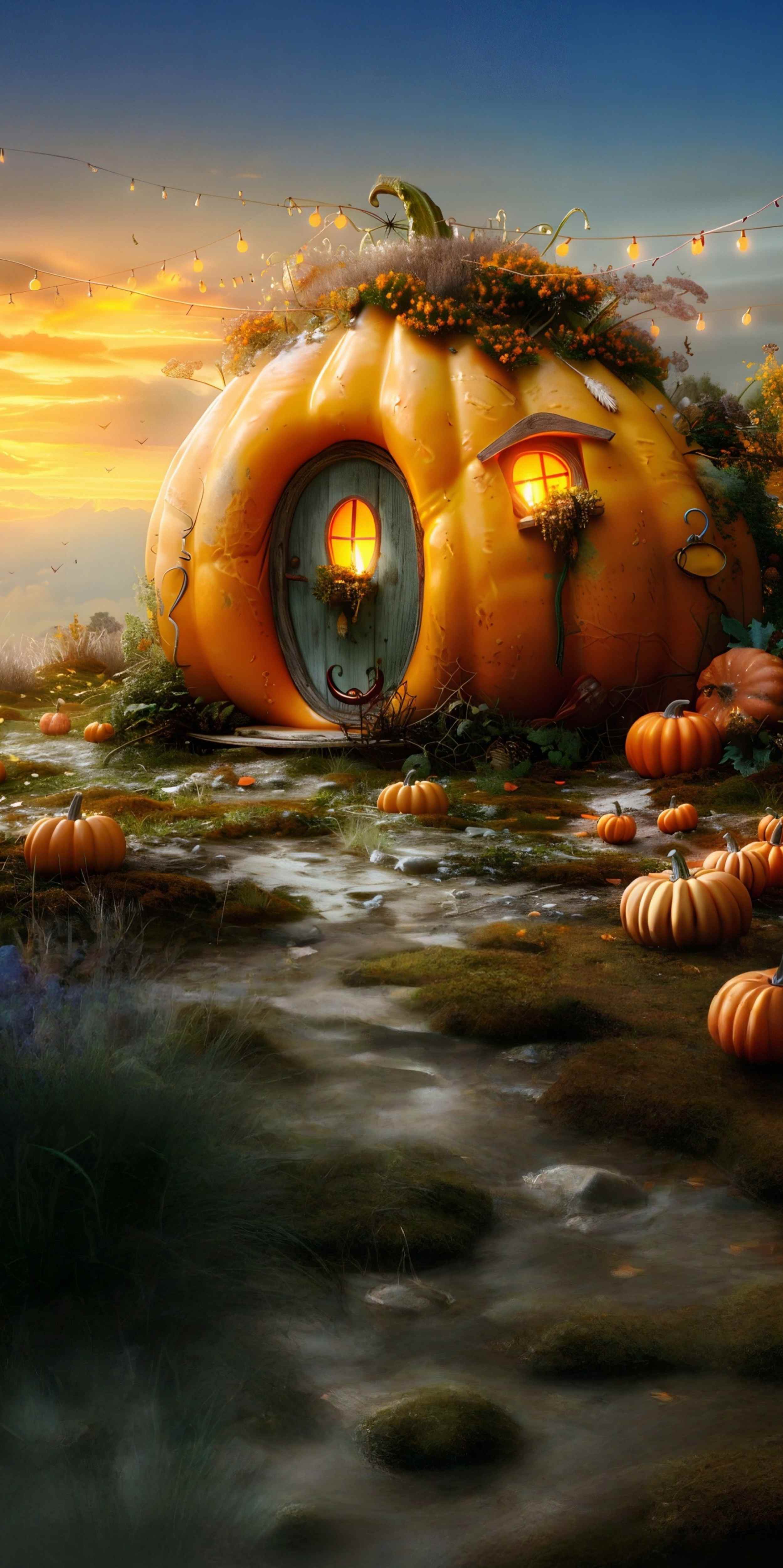 Toile de fond Sweep Automne Photo Sentier Cottage Citrouilles Enchanteur MRR8-88