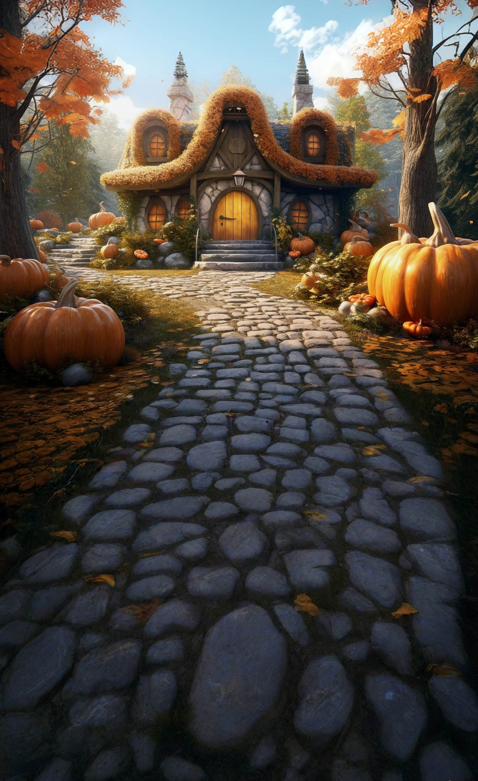 Toile de fond Sweep Automne Photo Sentier Cottage Citrouilles MRR8-91