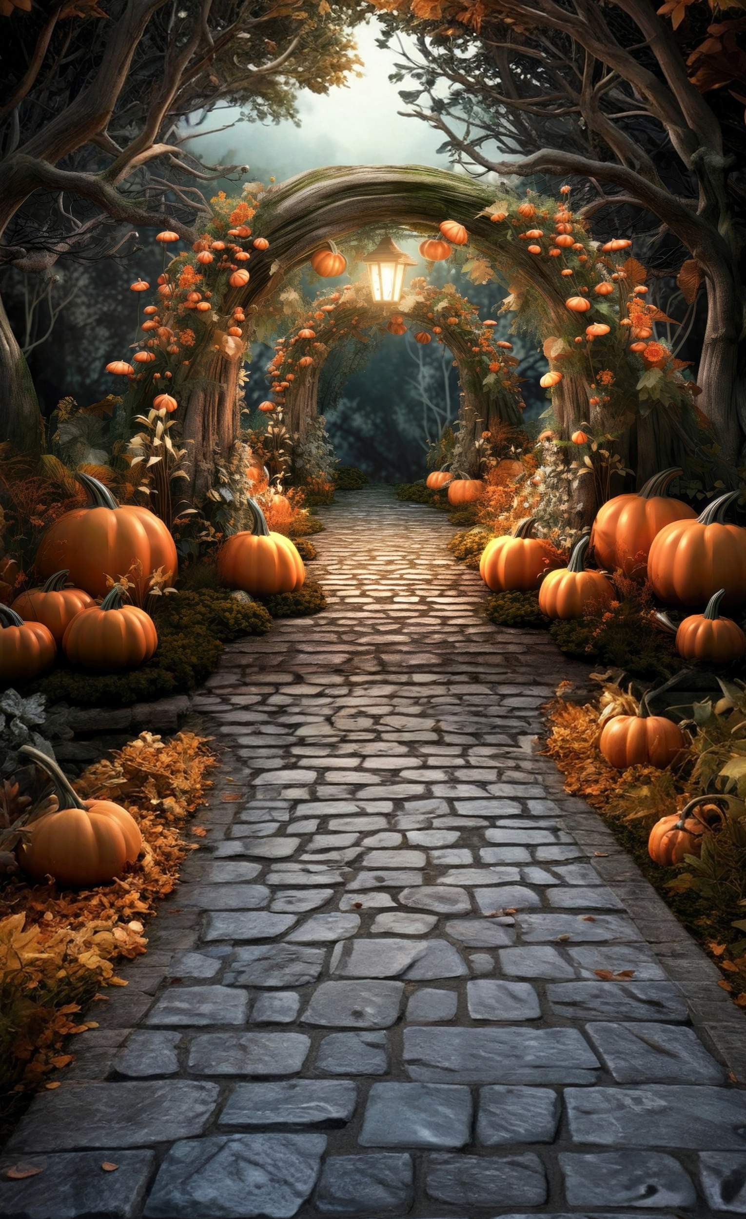Toile de fond Sweep Feuilles d’Automne Sentier Arche Citrouilles Enchantées MRR8-92