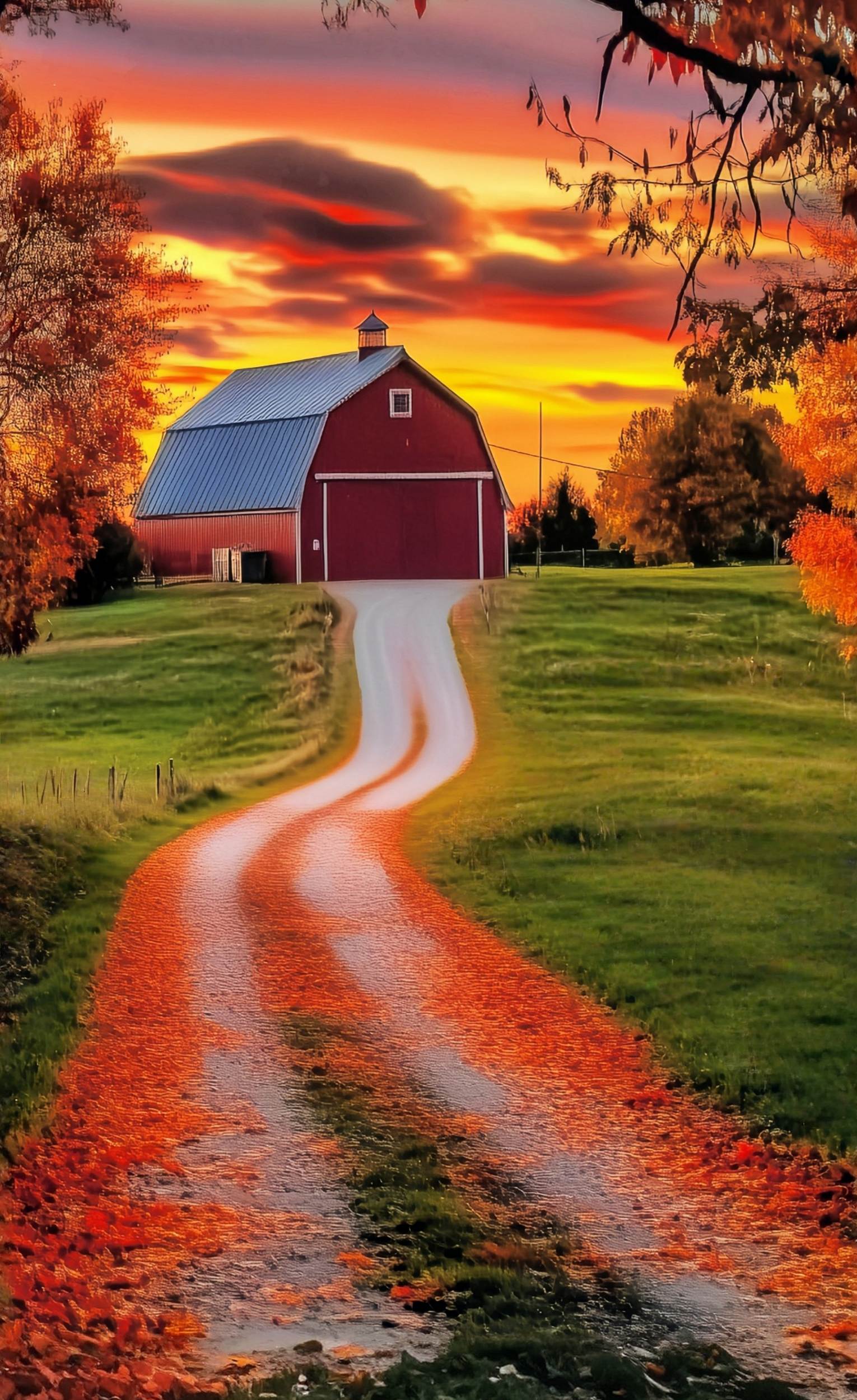 Toile de fond Sweep Automne Ferme Route Coucher de Soleil Doré MRR8-94