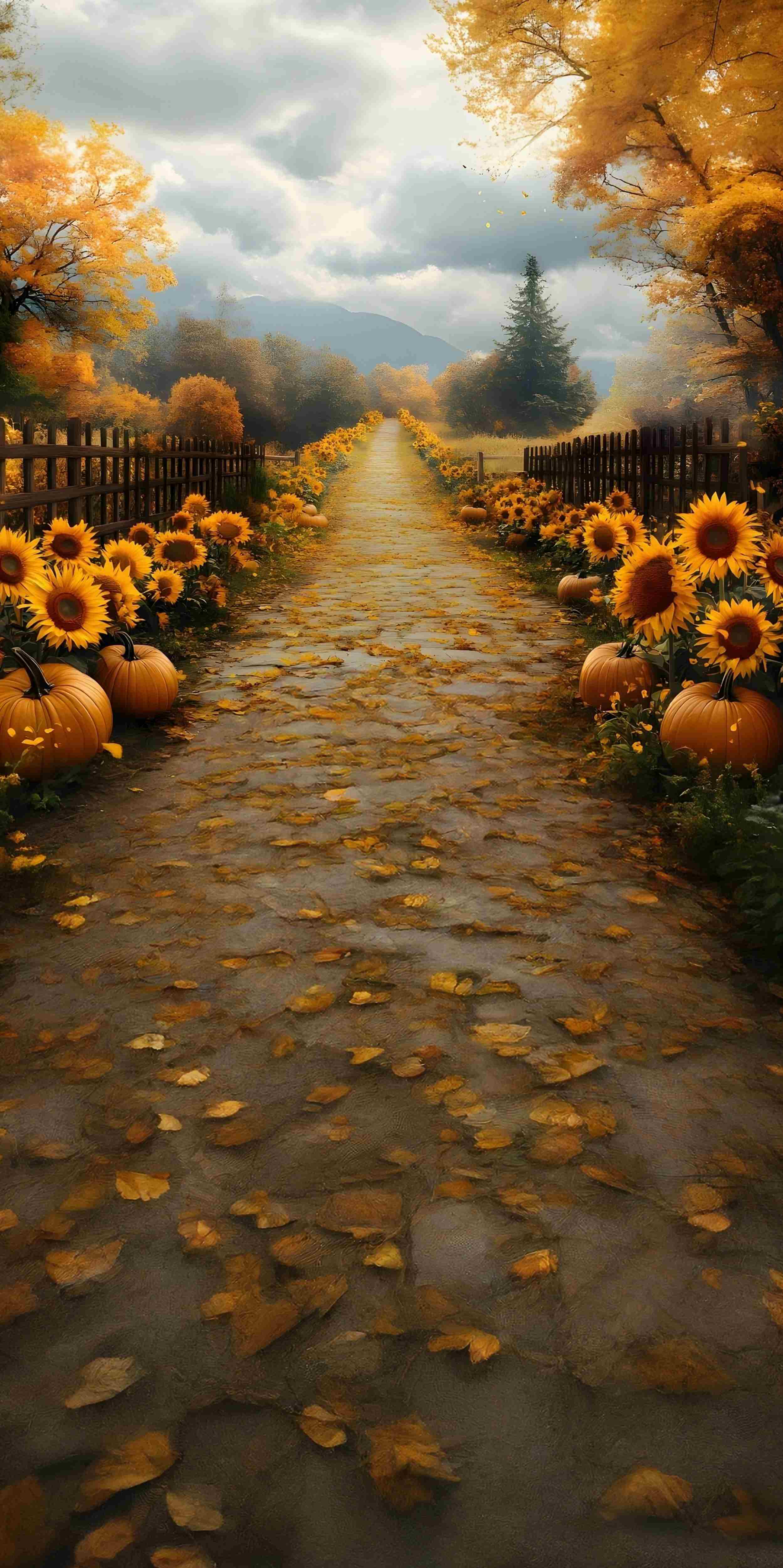 Toile de fond Sweep Automne Photo Sentier Citrouilles Tournesols Dorés MRR8-95