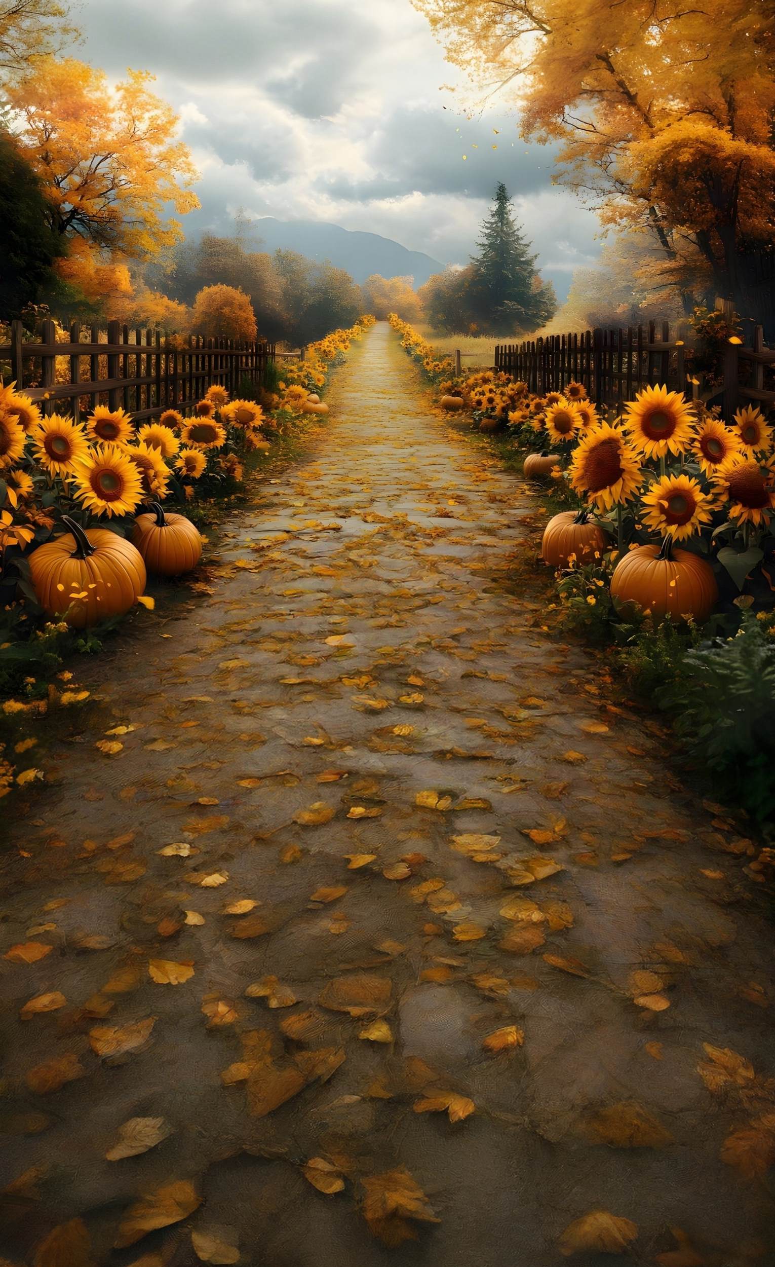 Toile de fond Sweep Automne Photo Sentier Citrouilles Tournesols Dorés MRR8-95