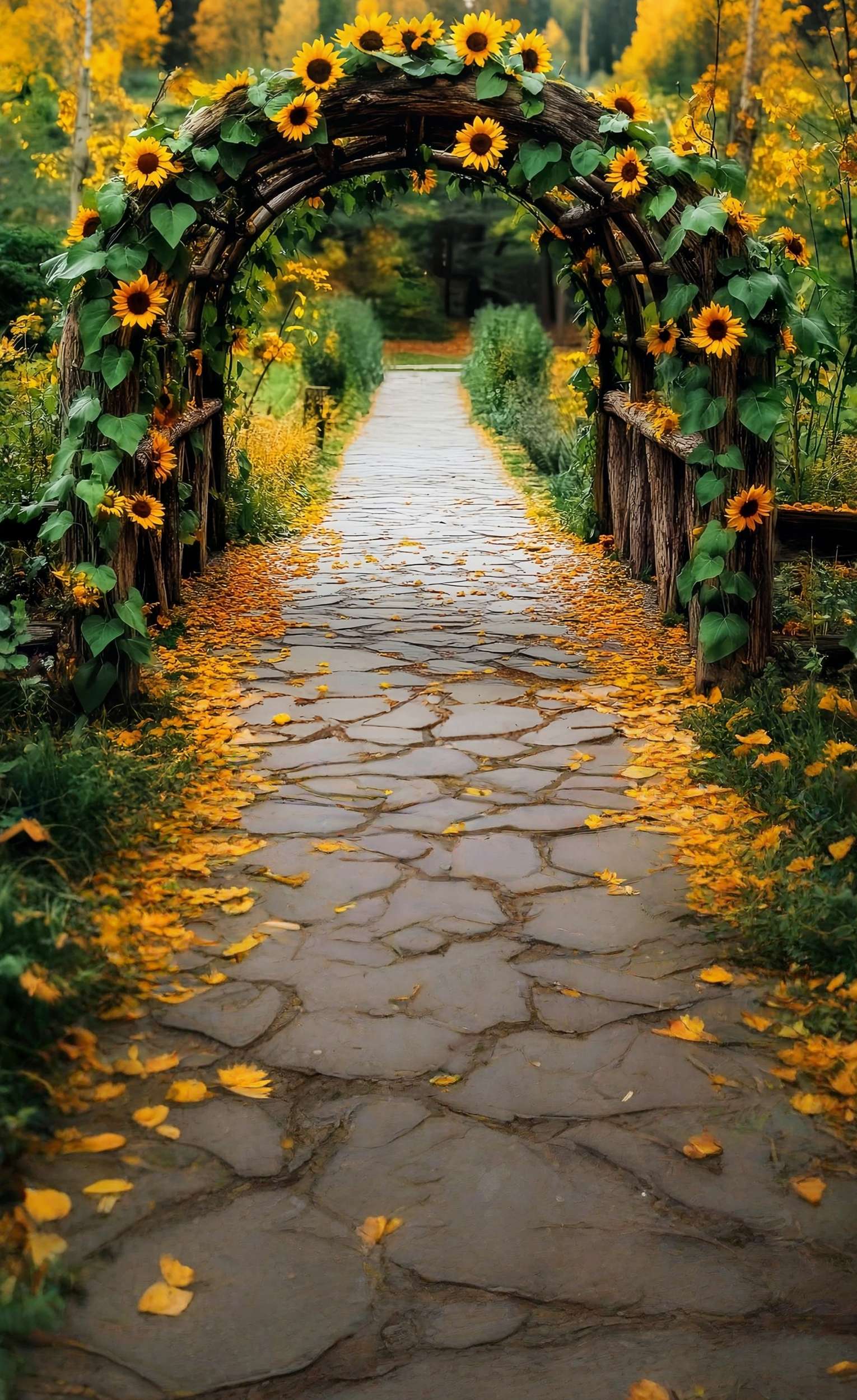 Toile de fond Sweep Automne Arche Rustique Tournesols Sentier MRR8-96