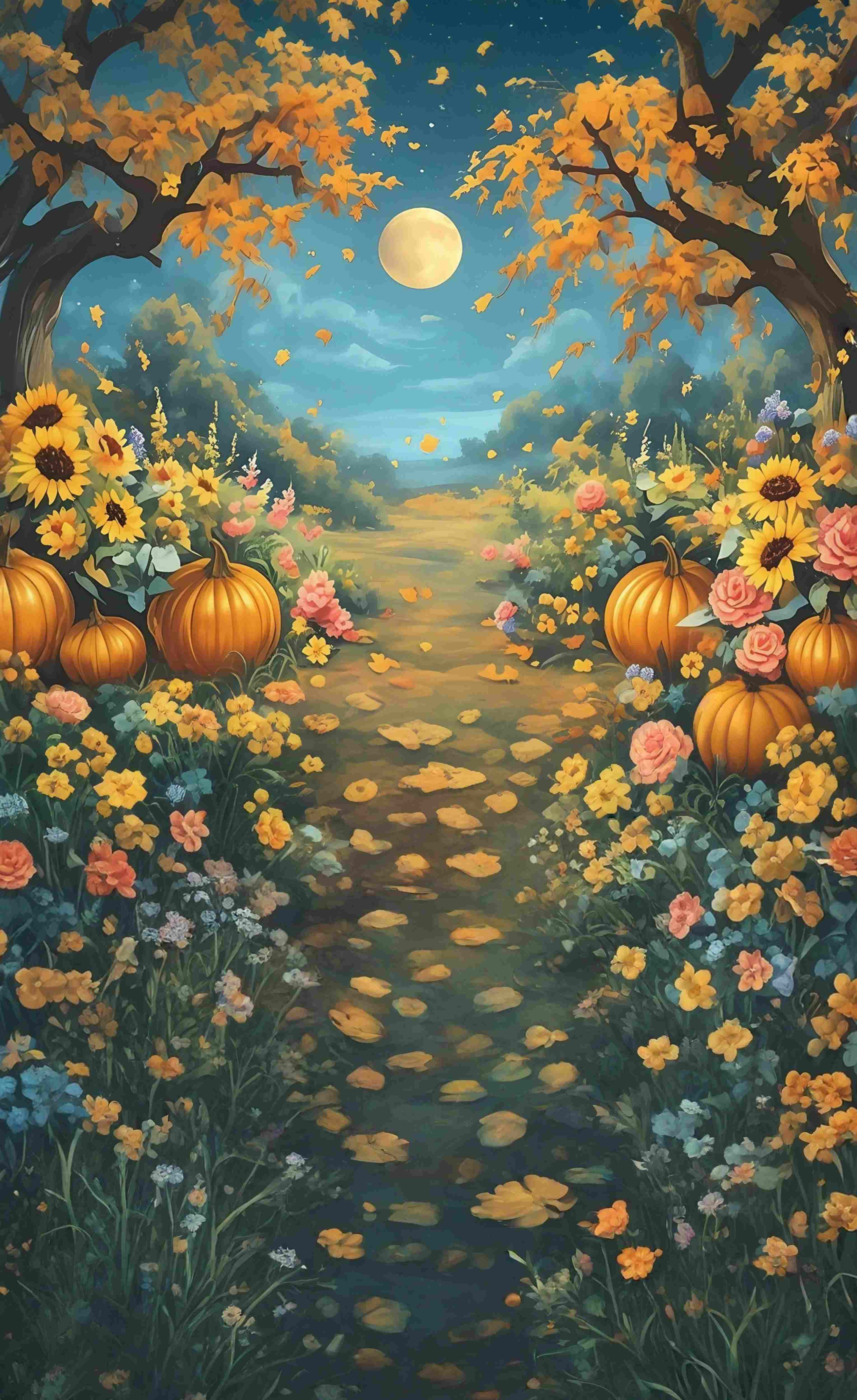 Toile de fond Sweep Automne Photo Jardin Citrouilles Clair de Lune MRR8-97