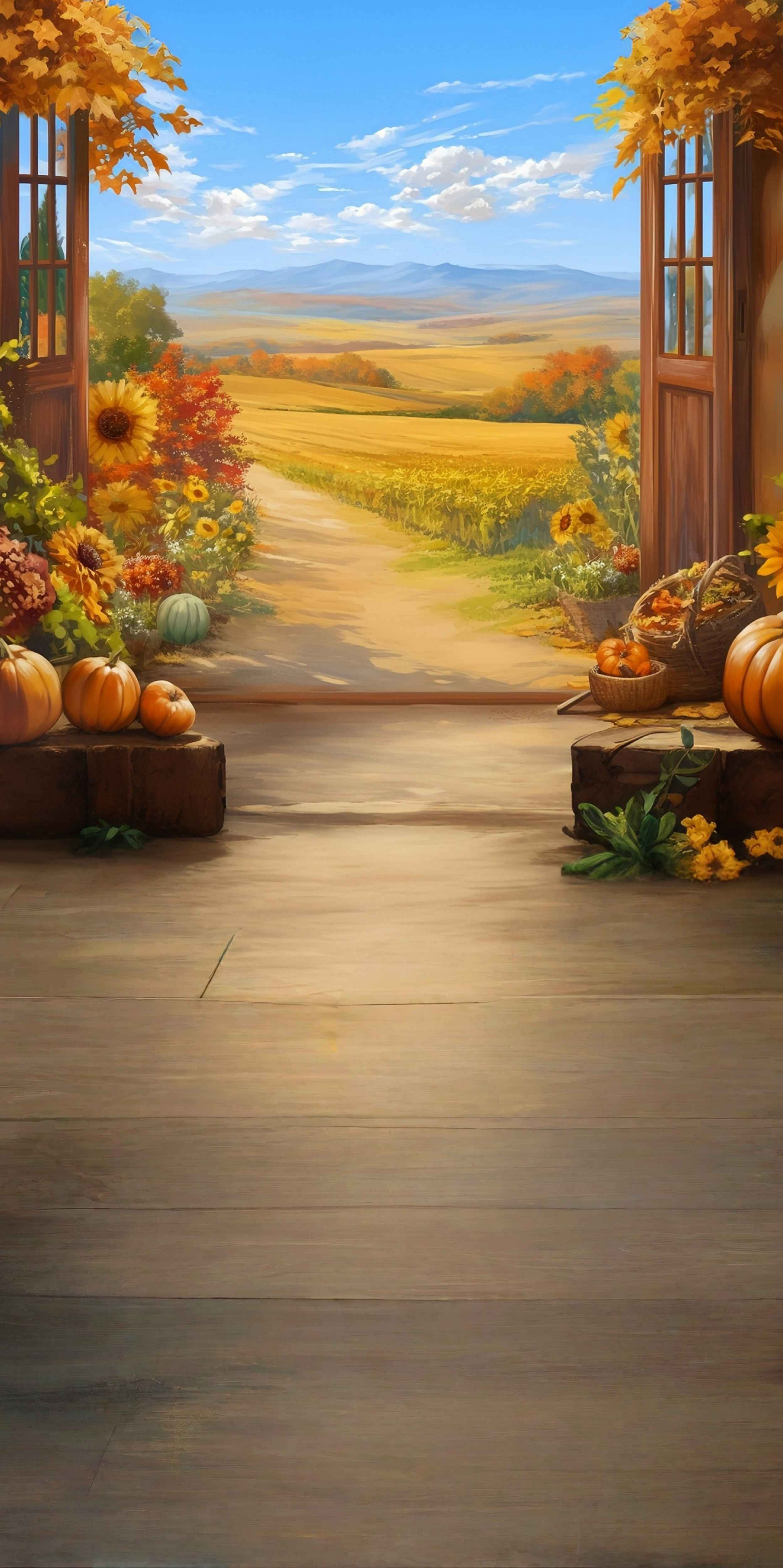 Toile de fond Sweep Feuilles d’Automne Fenêtre Automnale Vue Ferme Sentier MRR8-98