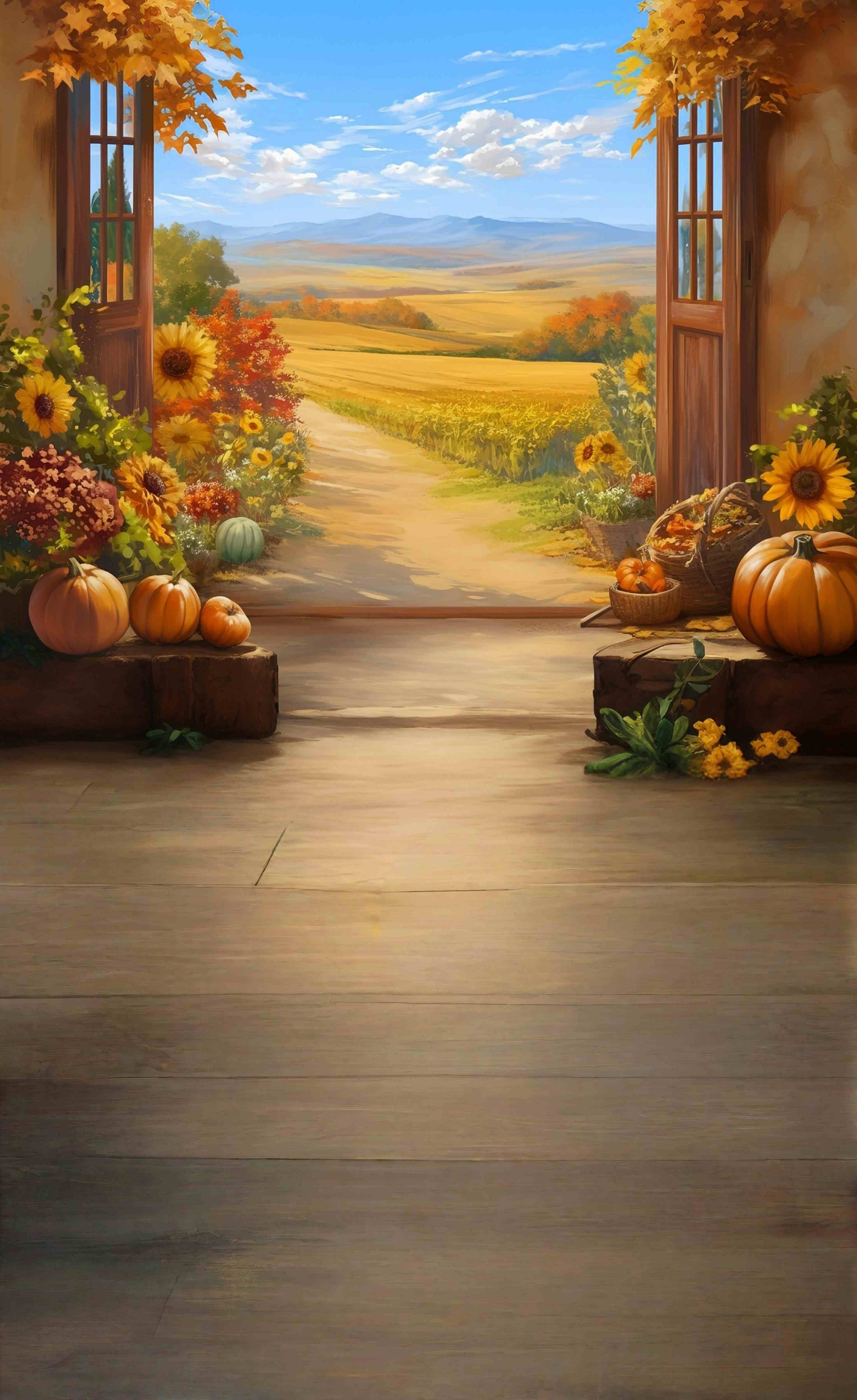 Toile de fond Sweep Feuilles d’Automne Fenêtre Automnale Vue Ferme Sentier MRR8-98