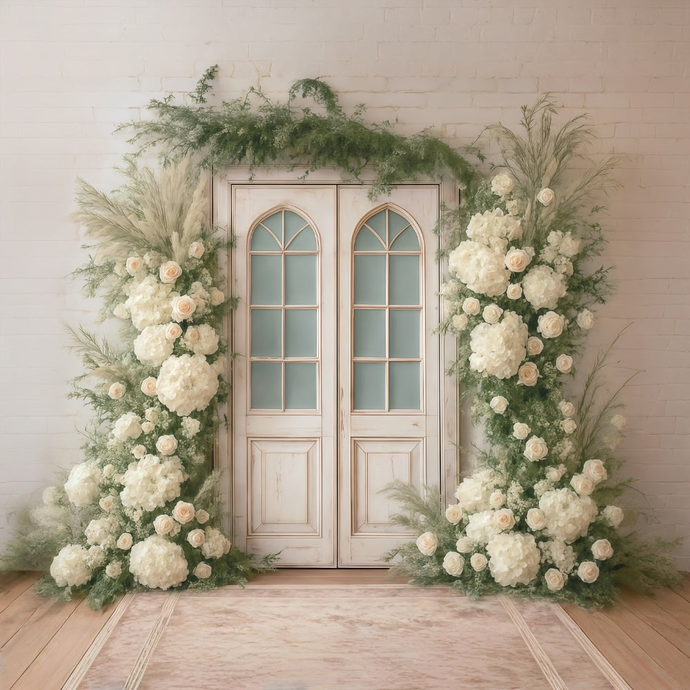 Toile de fond Printemps Roses Blanches Porte Vintage Fleurs MRR9-1