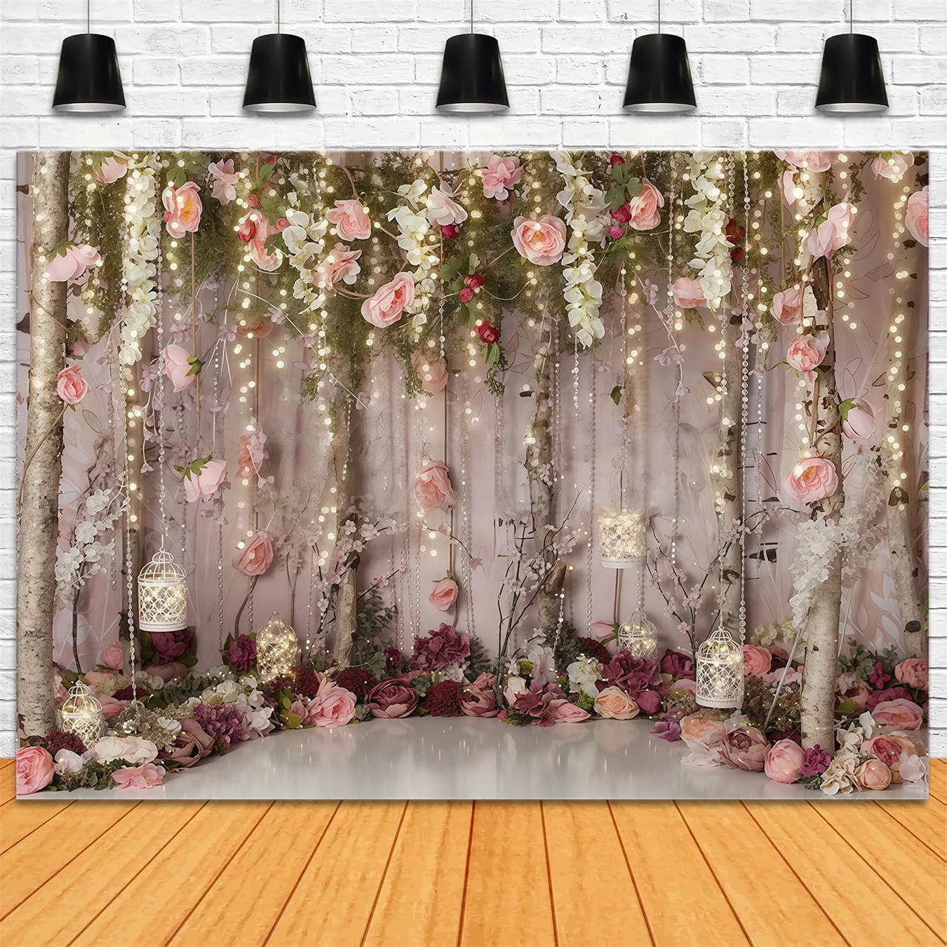 Toile de fond Fleurs Jardin Romantique Lumières Féeriques Saint-Valentin MRR9-116