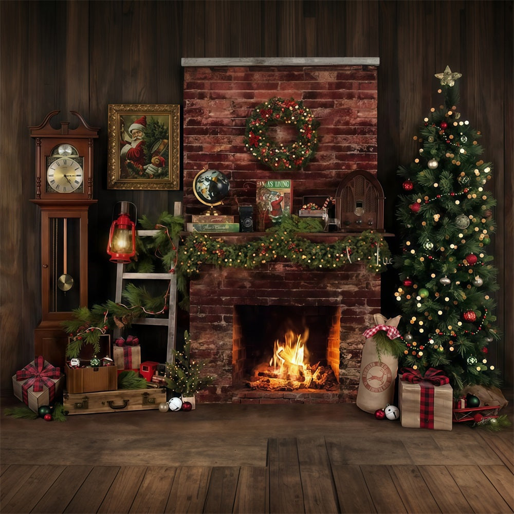 Toile de fond Noël Cheminée Rustique Décoration Noël Photo MRR9-129