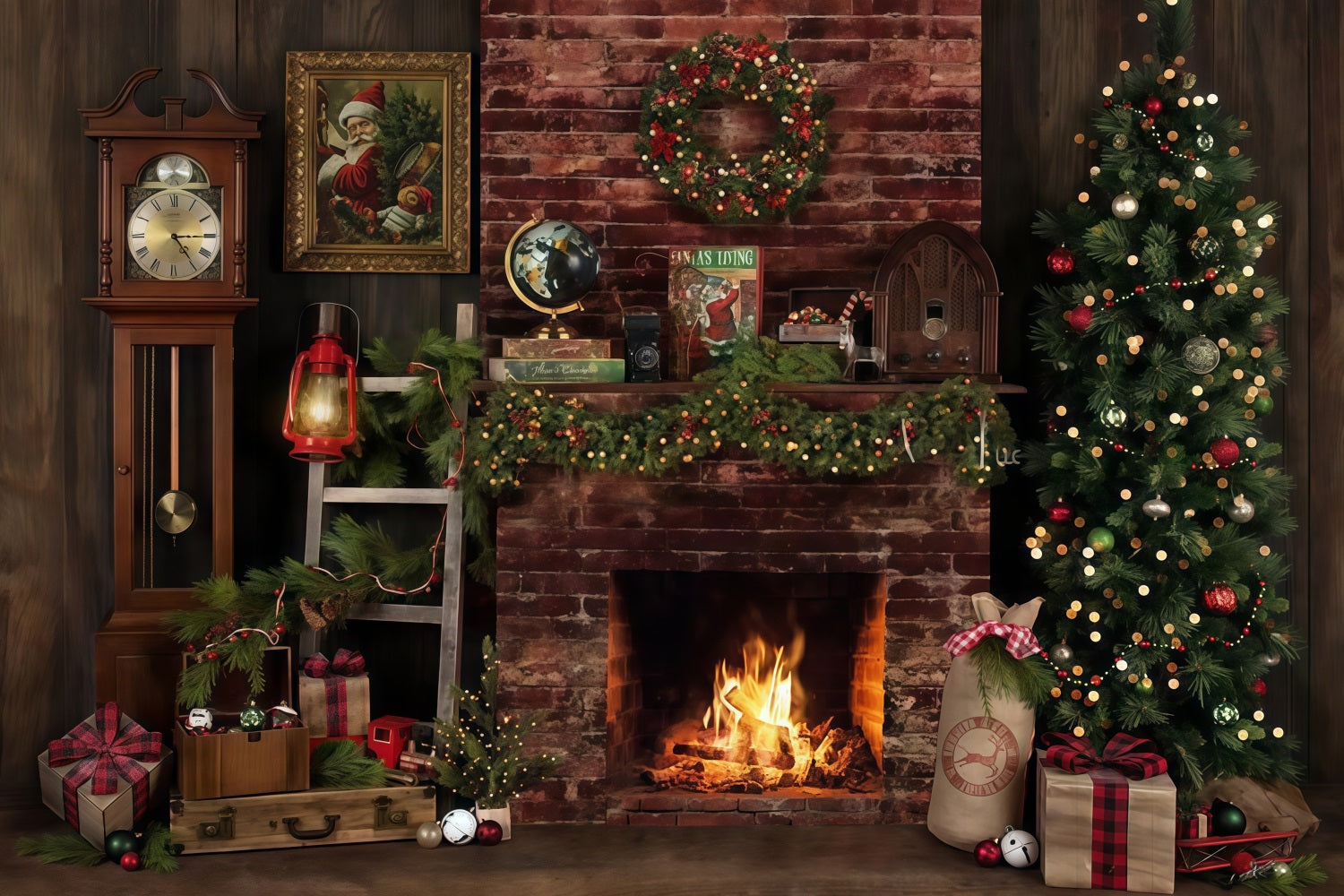 Toile de fond Noël Cheminée Rustique Décoration Noël Photo MRR9-129