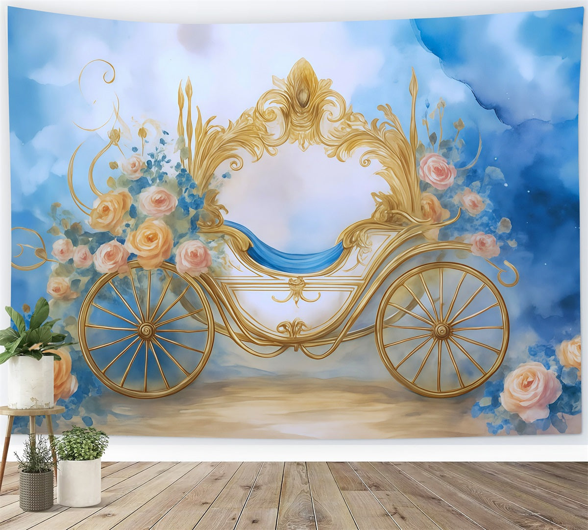 Toile de fond Enfants Carrosse Doré Fantaisie Florale MRR9-18