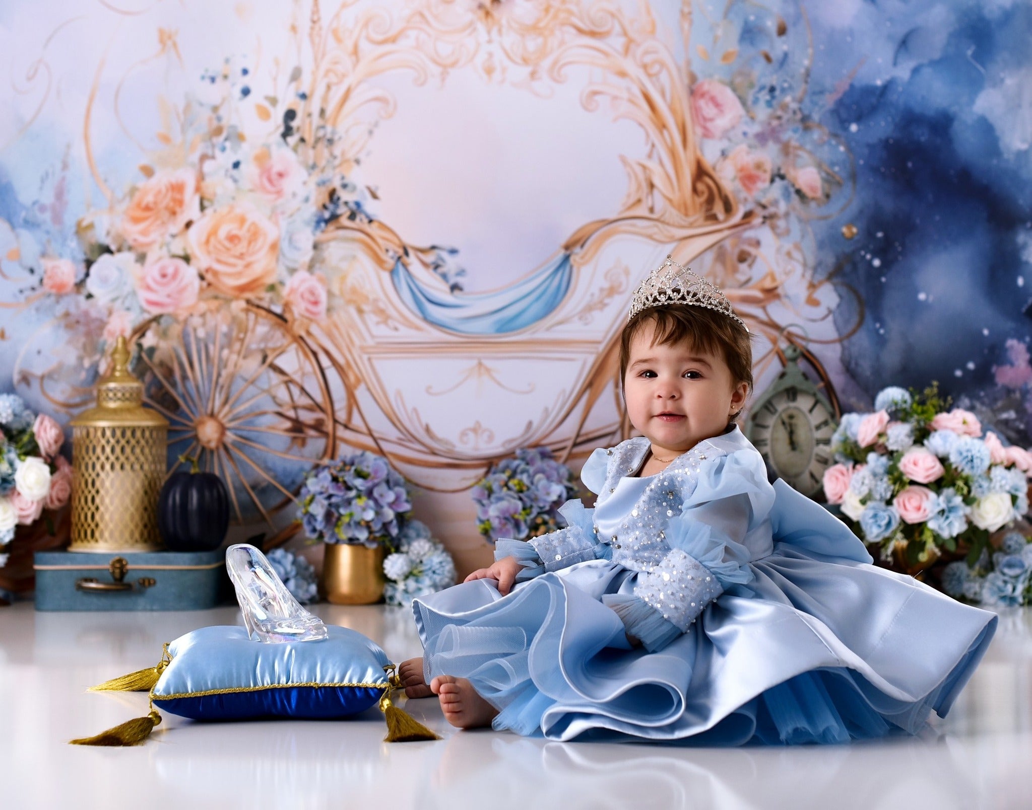 Toile de fond Enfants Carrosse Doré Fantaisie Florale MRR9-18
