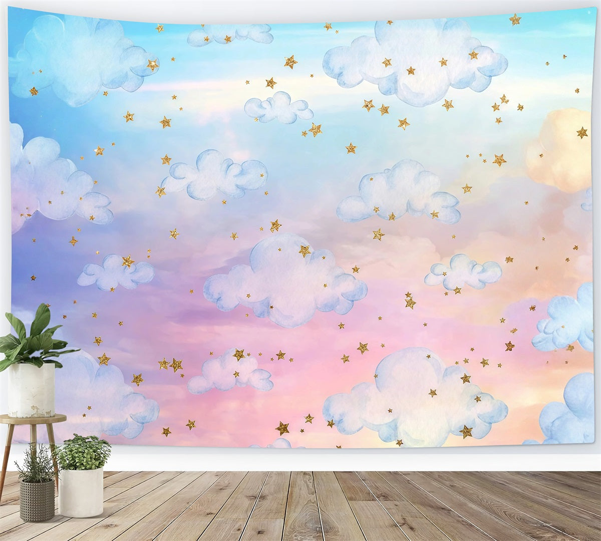 Toile de fond Ciel Nuageux Arc-en-ciel Nuages Étoiles Dorées MRR9-28