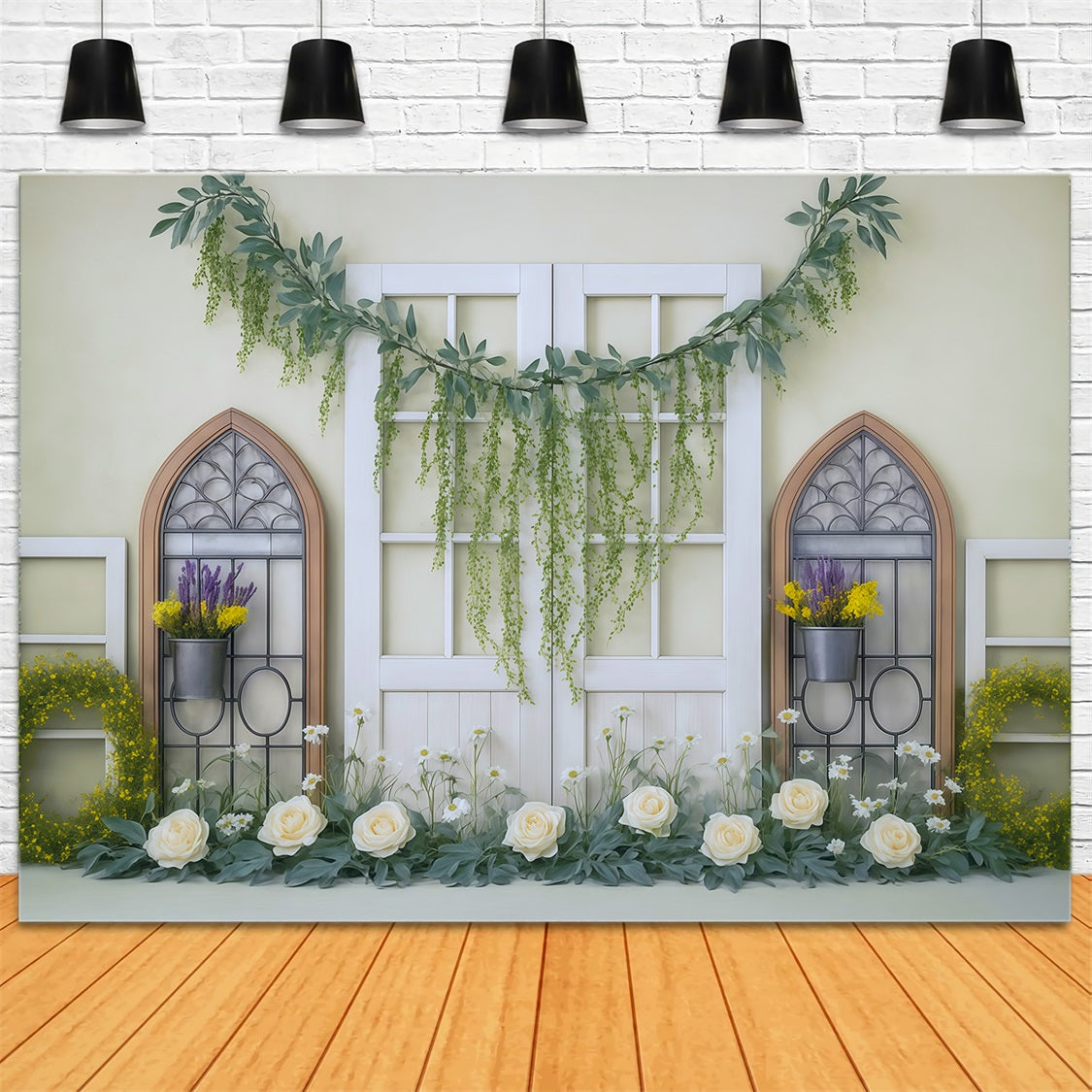 Toile de fond Printemps Fenêtre Guirlande Florale Jaune Verdure MRR9-3