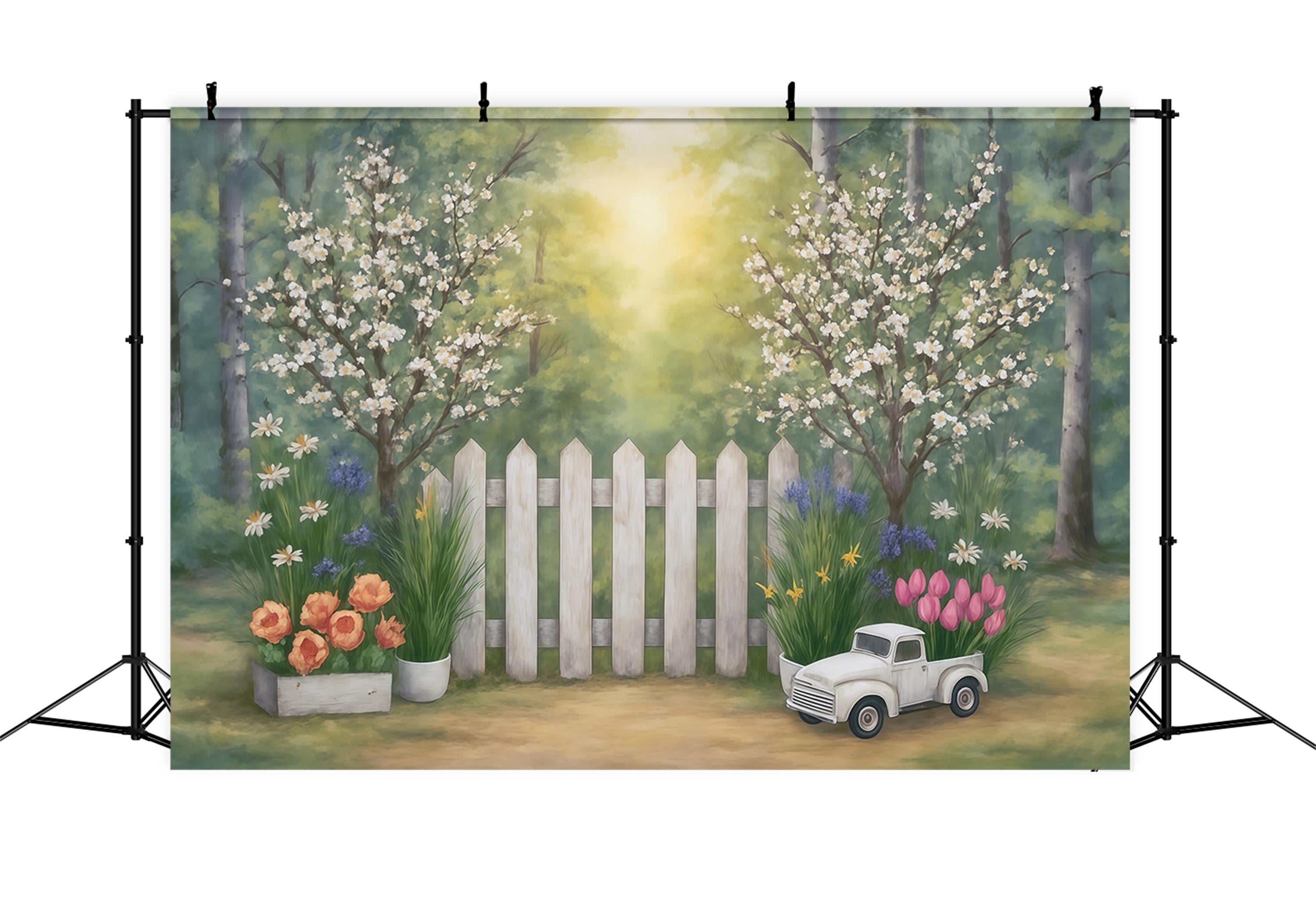 Toile de fond Beaux-Arts Jardin Printanier Clôture Fleurs Camion Artistique MRR9-34