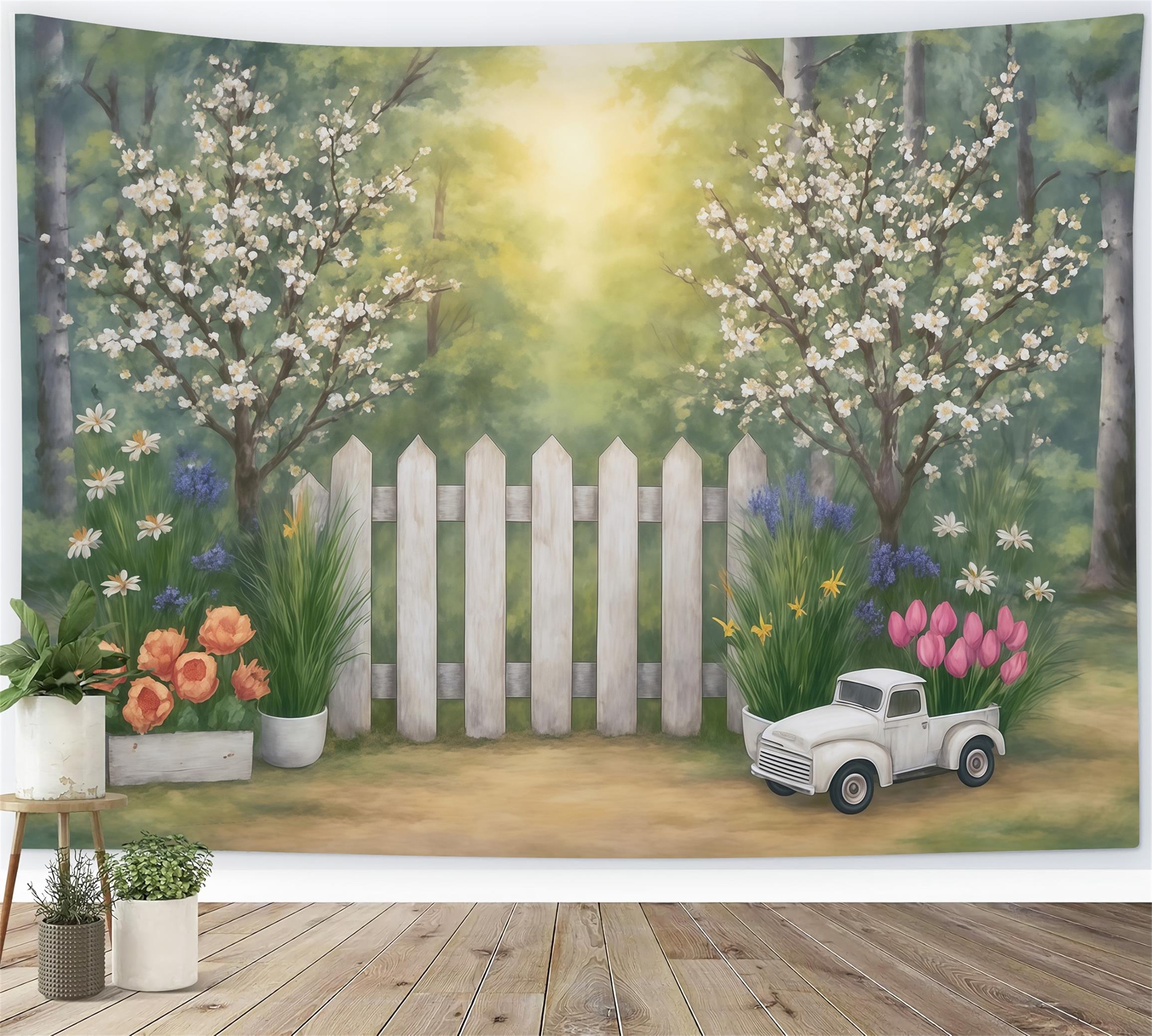 Toile de fond Beaux-Arts Jardin Printanier Clôture Fleurs Camion Artistique MRR9-34