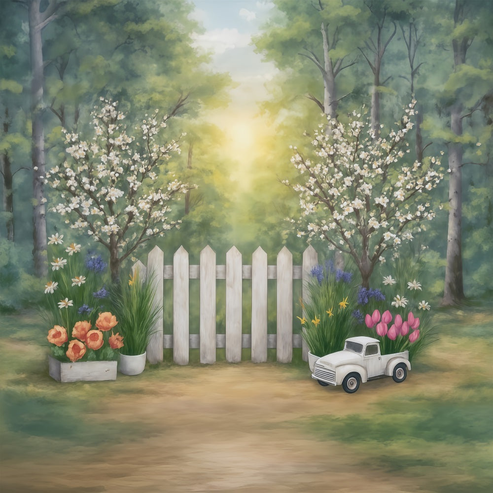 Toile de fond Beaux-Arts Jardin Printanier Clôture Fleurs Camion Artistique MRR9-34