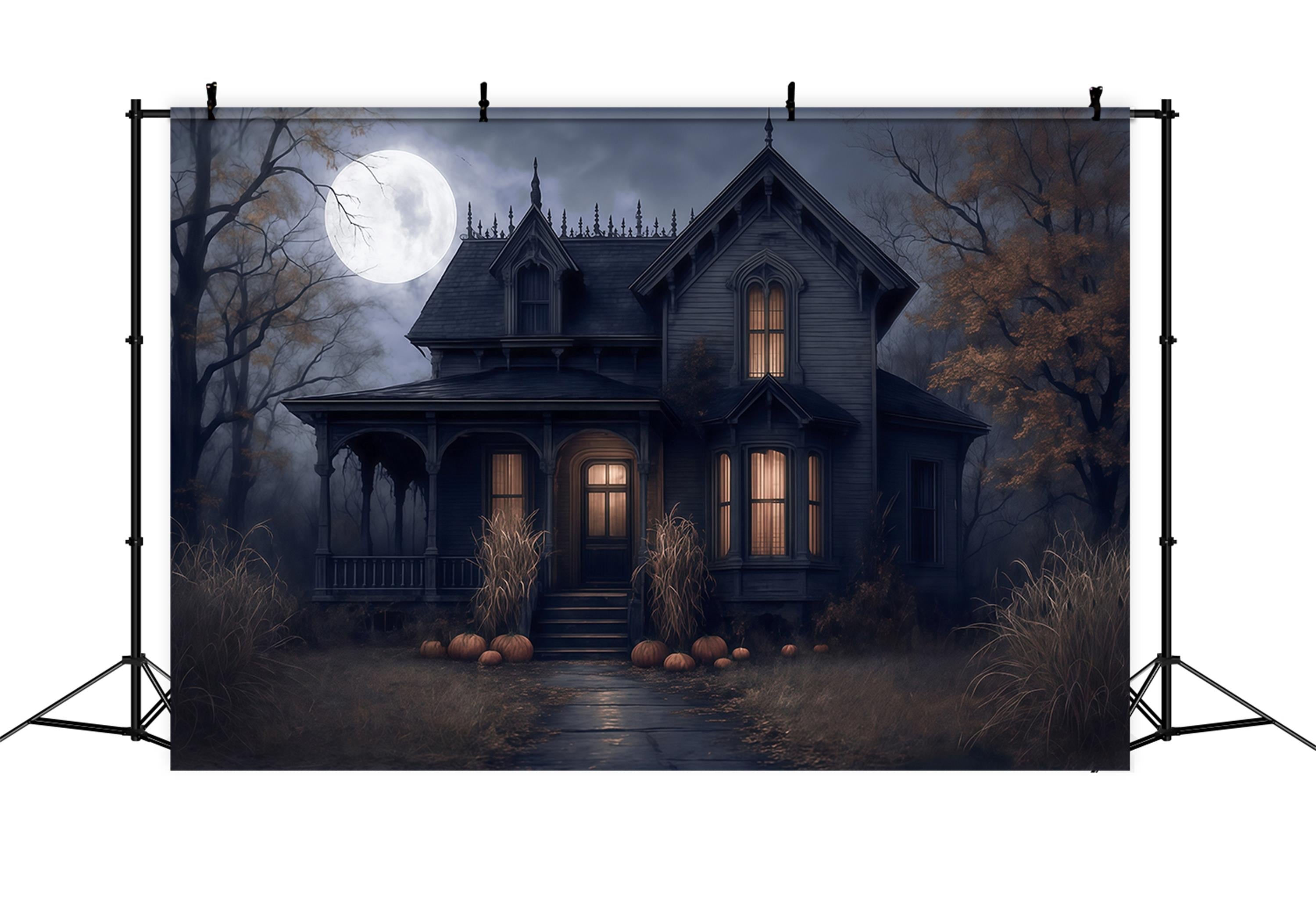 Toile de fond Halloween Maison Hantée Pleine Lune Nuit Effrayante Halloween MRR9-38