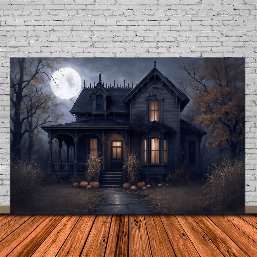 Toile de fond Halloween Maison Hantée Pleine Lune Nuit Effrayante Halloween MRR9-38