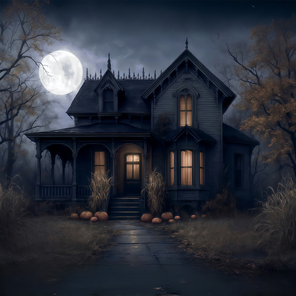 Toile de fond Halloween Maison Hantée Pleine Lune Nuit Effrayante Halloween MRR9-38