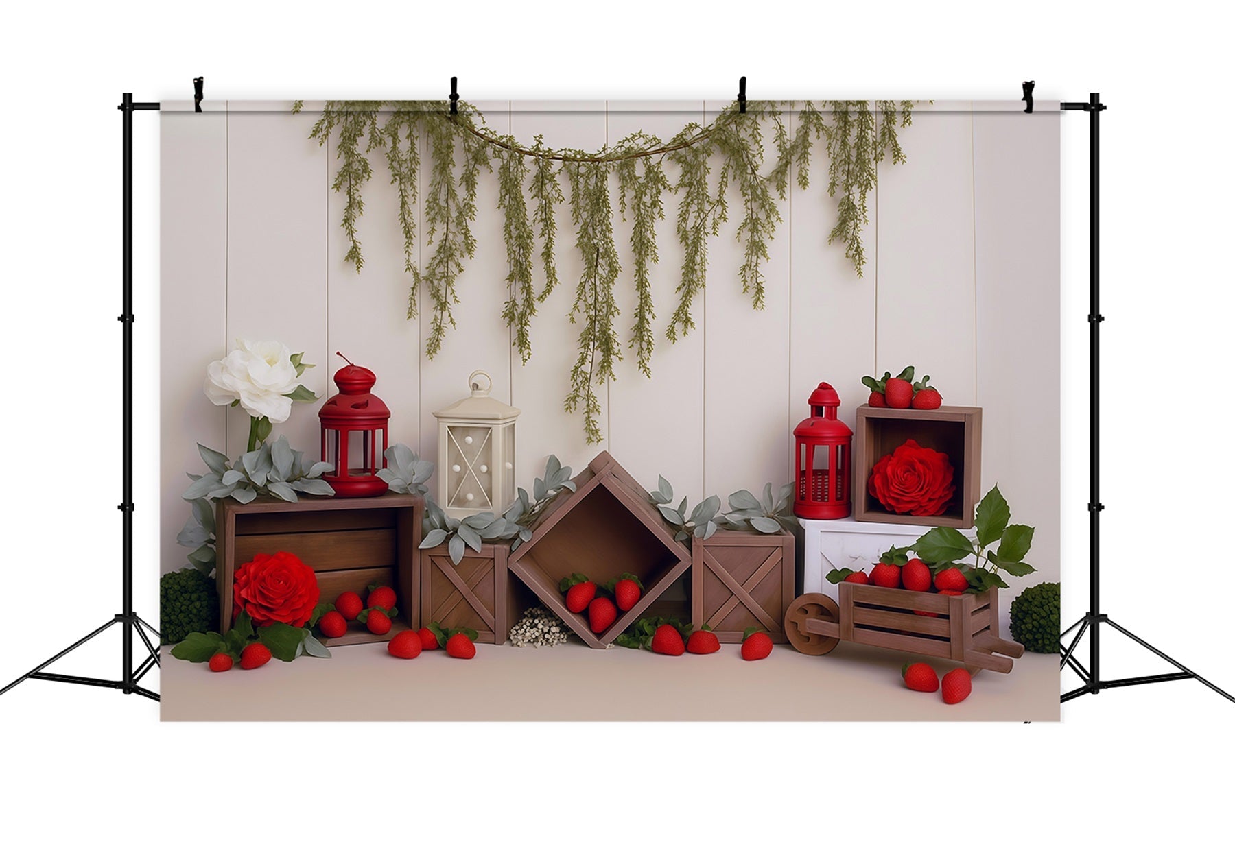 Toile de fond Printemps Caisses Rustiques Fraises Lanternes Rouges MRR9-4