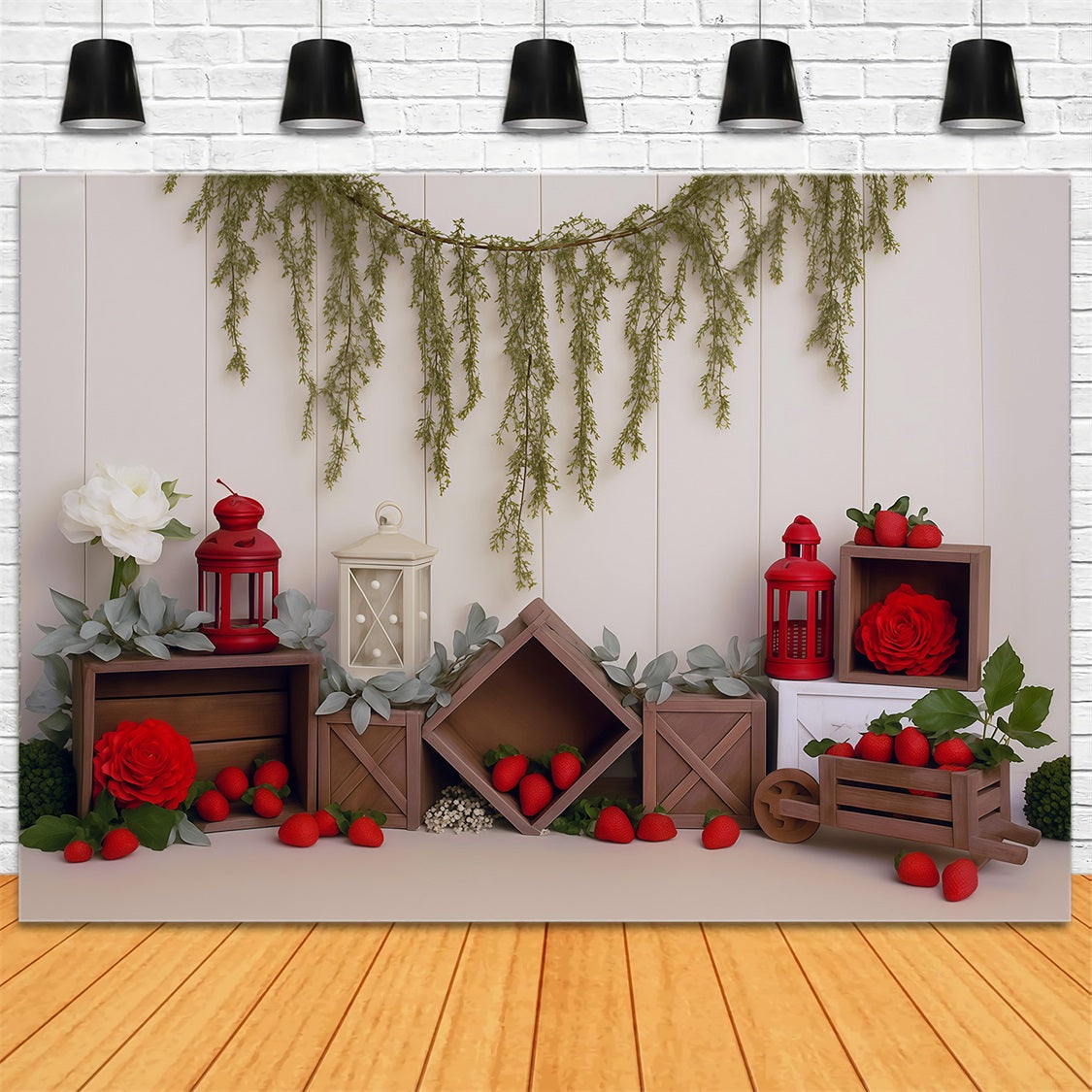 Toile de fond Printemps Caisses Rustiques Fraises Lanternes Rouges MRR9-4