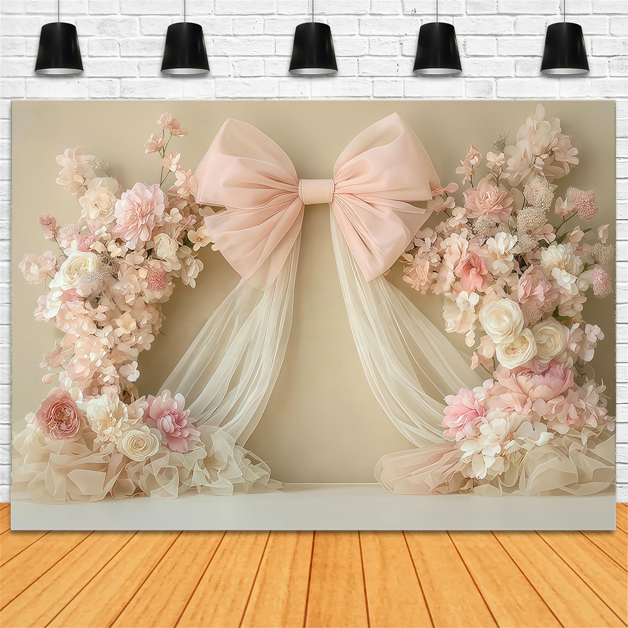 Toile de fond Nouveau-Né Nœud Rose Draperie Florale Arrangement Enfants MRR9-45