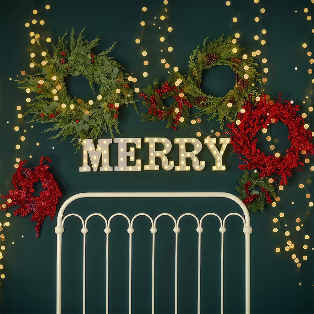 Toile de fond Noël Couronne Joyeuse Guirlandes Lumineuses Tête de Lit MRR9-6