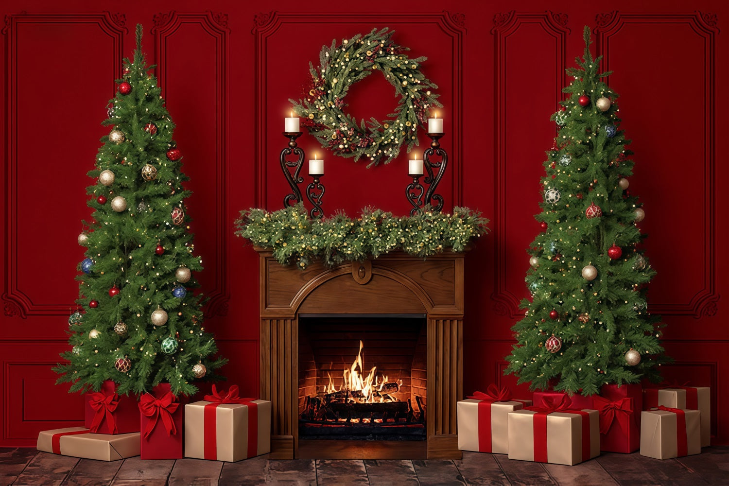 Toile de fond Cheminée de Noël Guirlande de Noël Couronne Noël MRR9-60