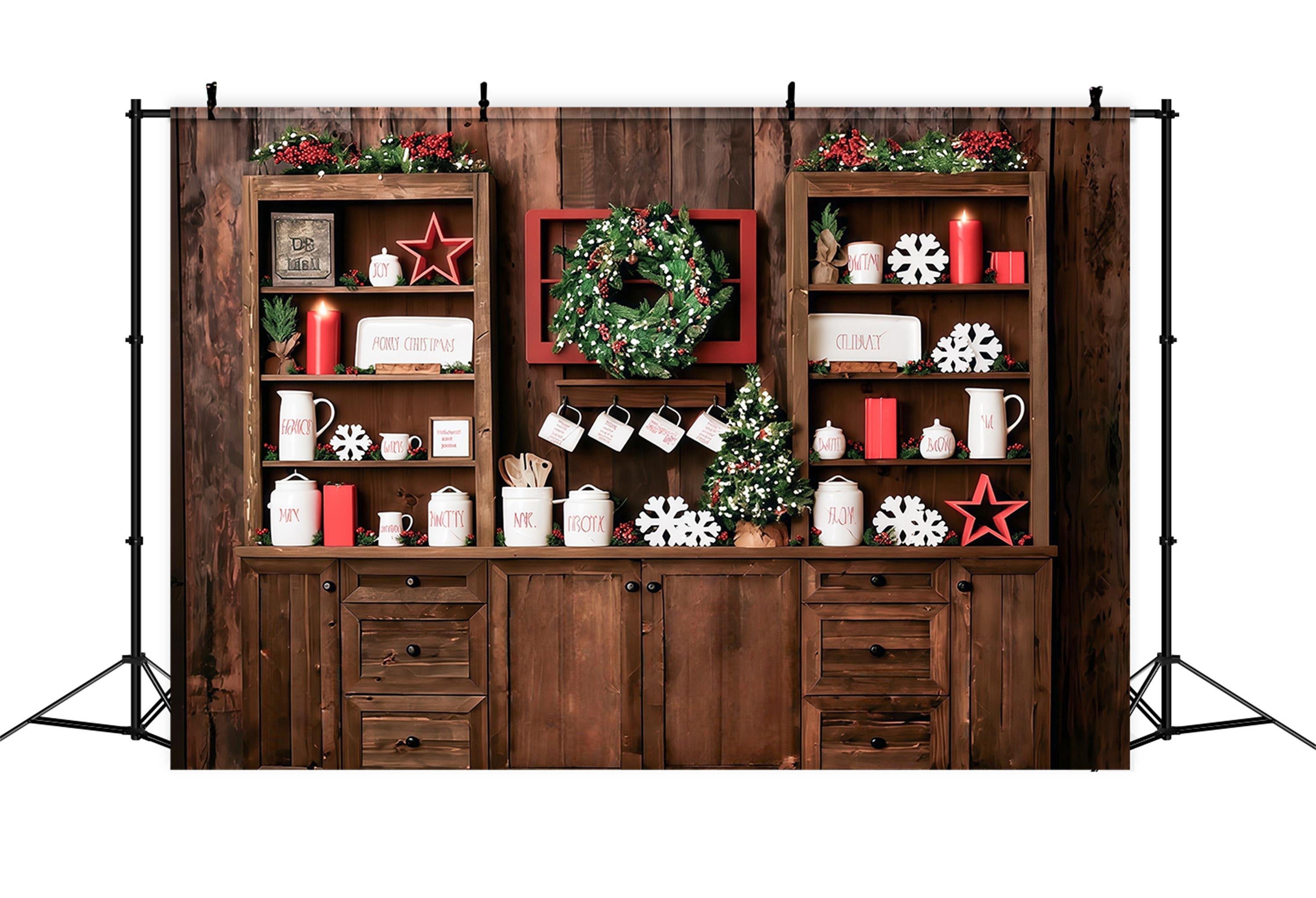 Toile de fond Cuisine de Noël Rustique Étagères Festives Déco Noël Photo MRR9-61