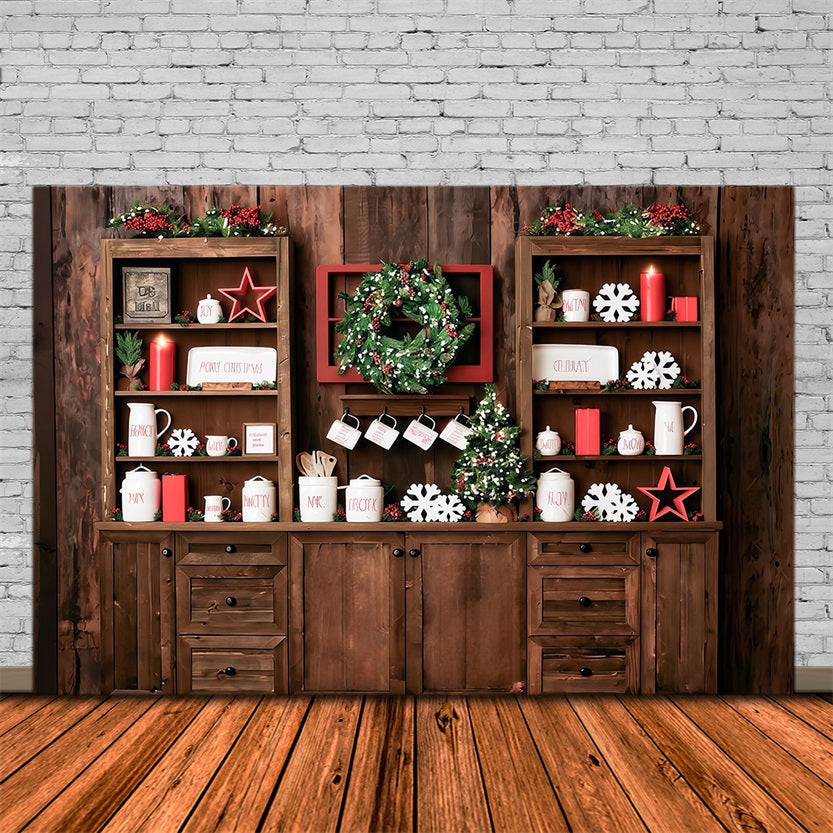 Toile de fond Cuisine de Noël Rustique Étagères Festives Déco Noël Photo MRR9-61